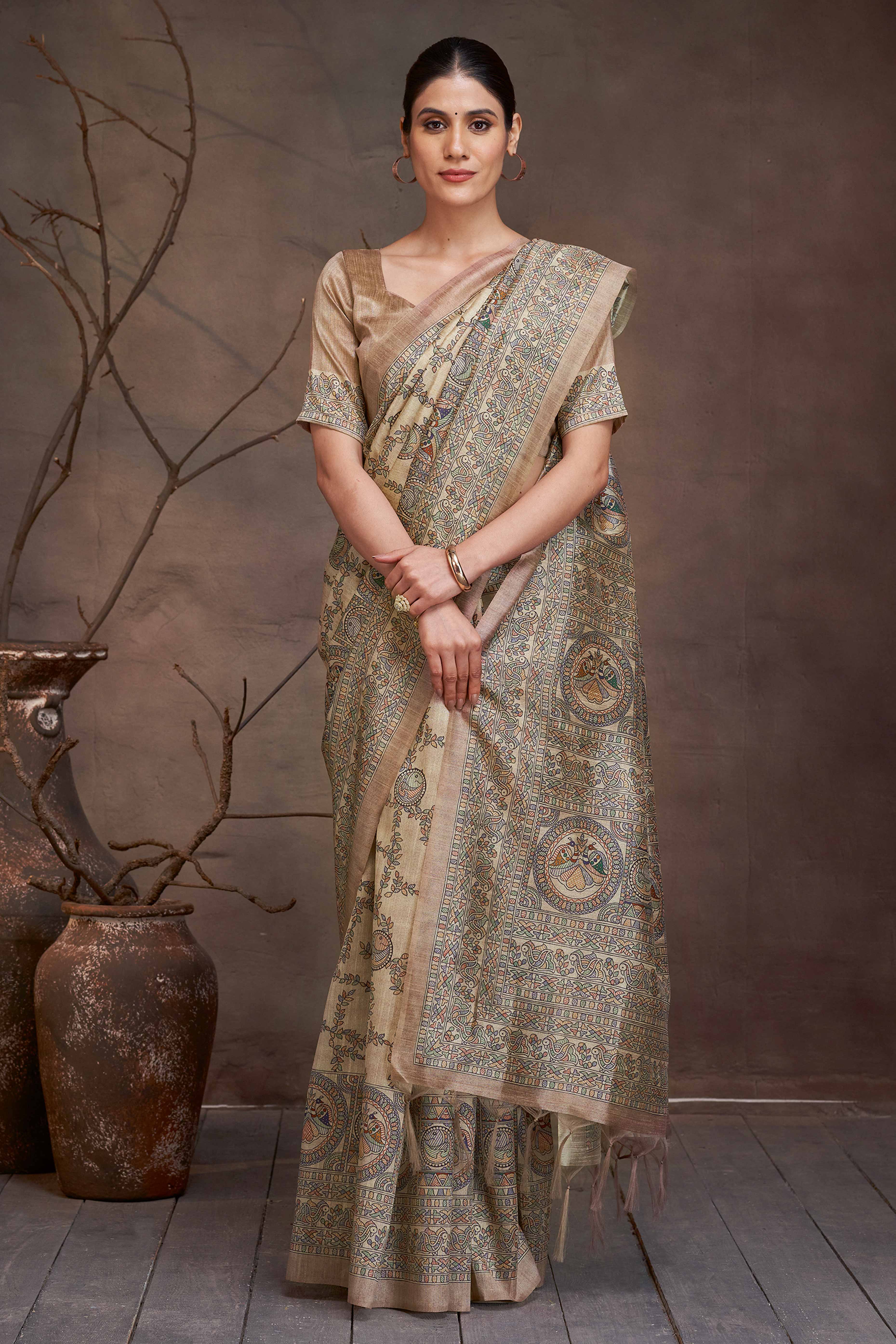Beige Ethnic Cotton Silk Saree Adorned with Madhubani Florals