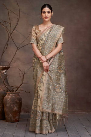 Beige Ethnic Cotton Silk Saree Adorned with Madhubani Florals