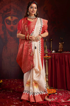 Woven Satin Saree in Off White & Red for Puja Occasions