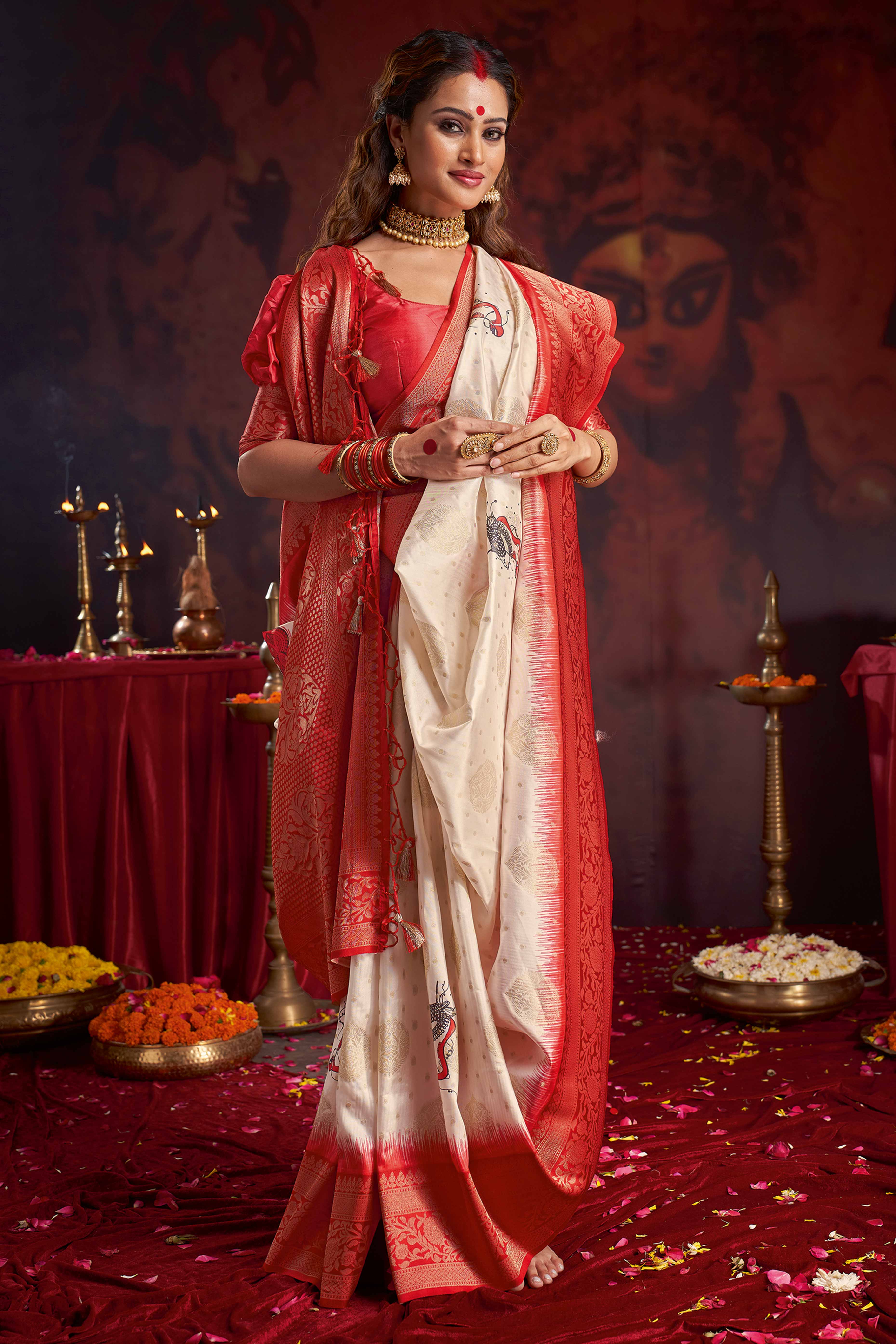 Durga Puja Special Off White and Red Woven Satin Saree