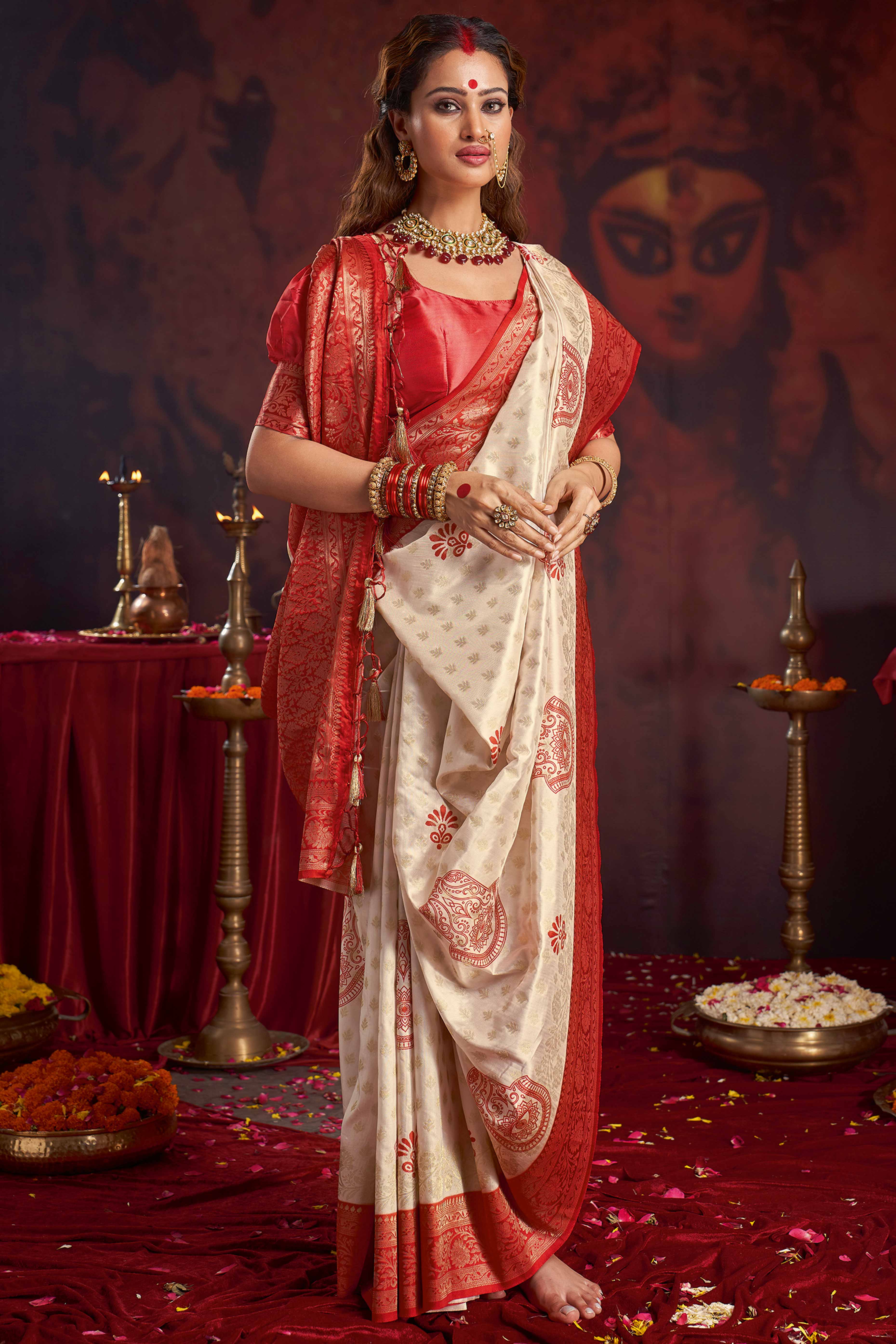 Off White Red Woven Satin Saree for Durga Festival Celebrations