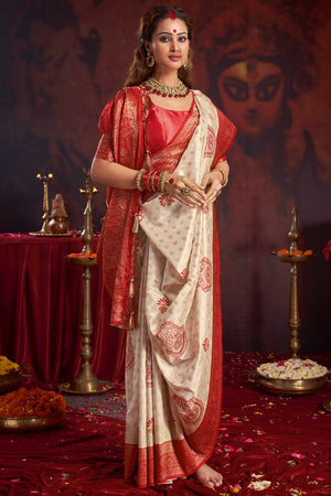 Off White Red Woven Satin Saree for Durga Festival Celebrations
