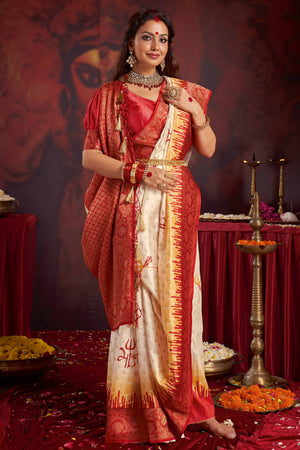 Ethnic Woven Off White & Red Satin Saree for Durga Festivals