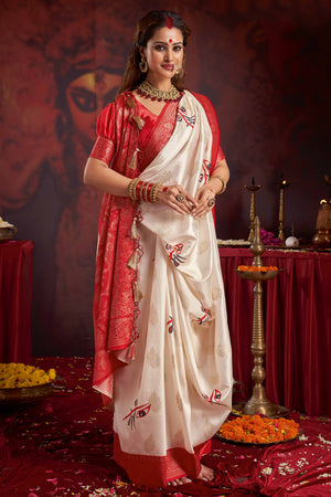 Off White & Red Woven Satin Saree for Puja Occasions
