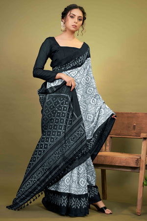 Black Ikkat Printed Cotton Slub Saree