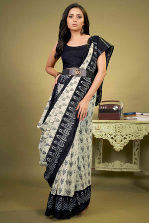 Black Ikkat Printed Cotton Slub Saree