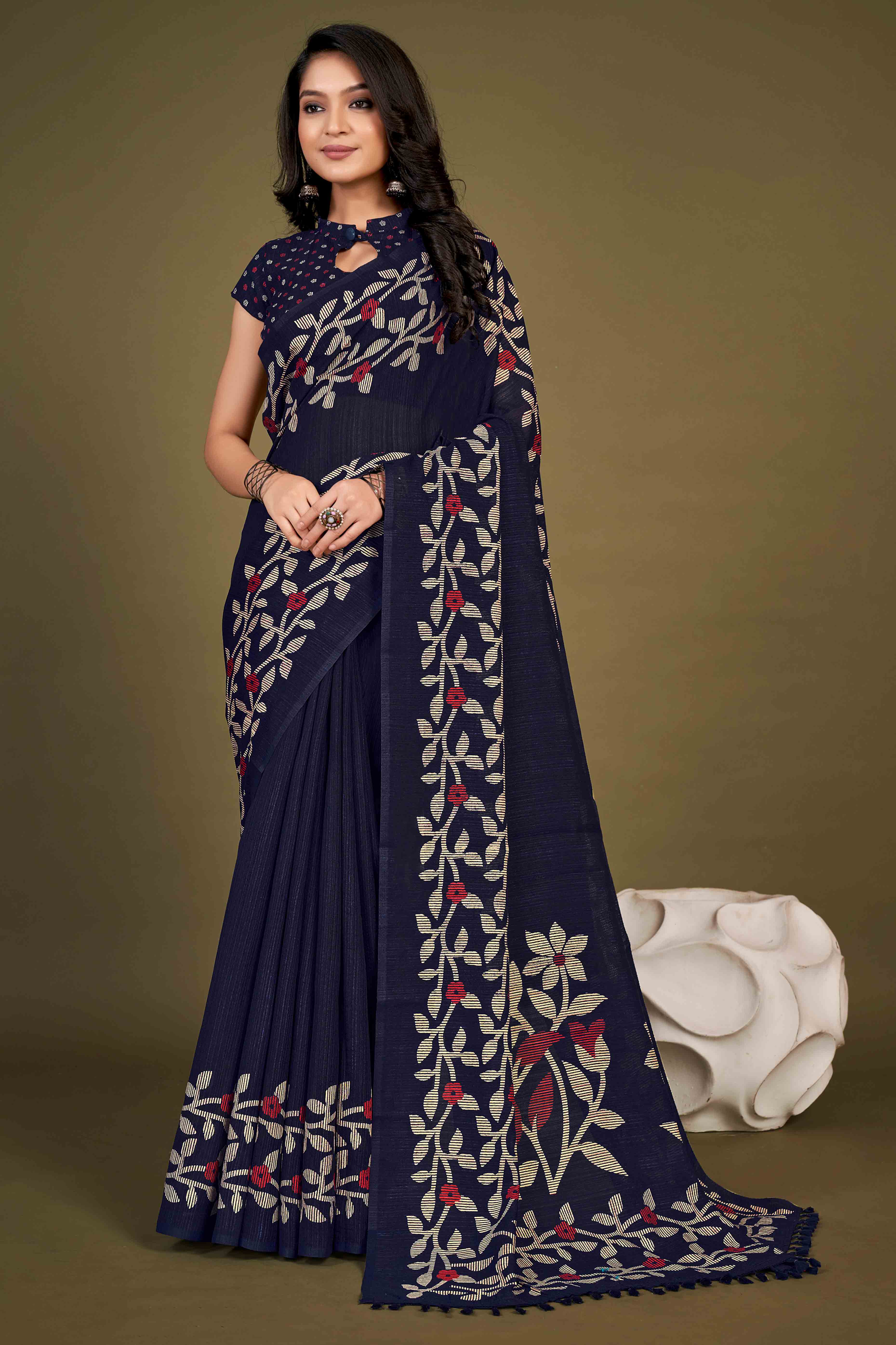 Blue Floral Printed Cotton Slub Saree