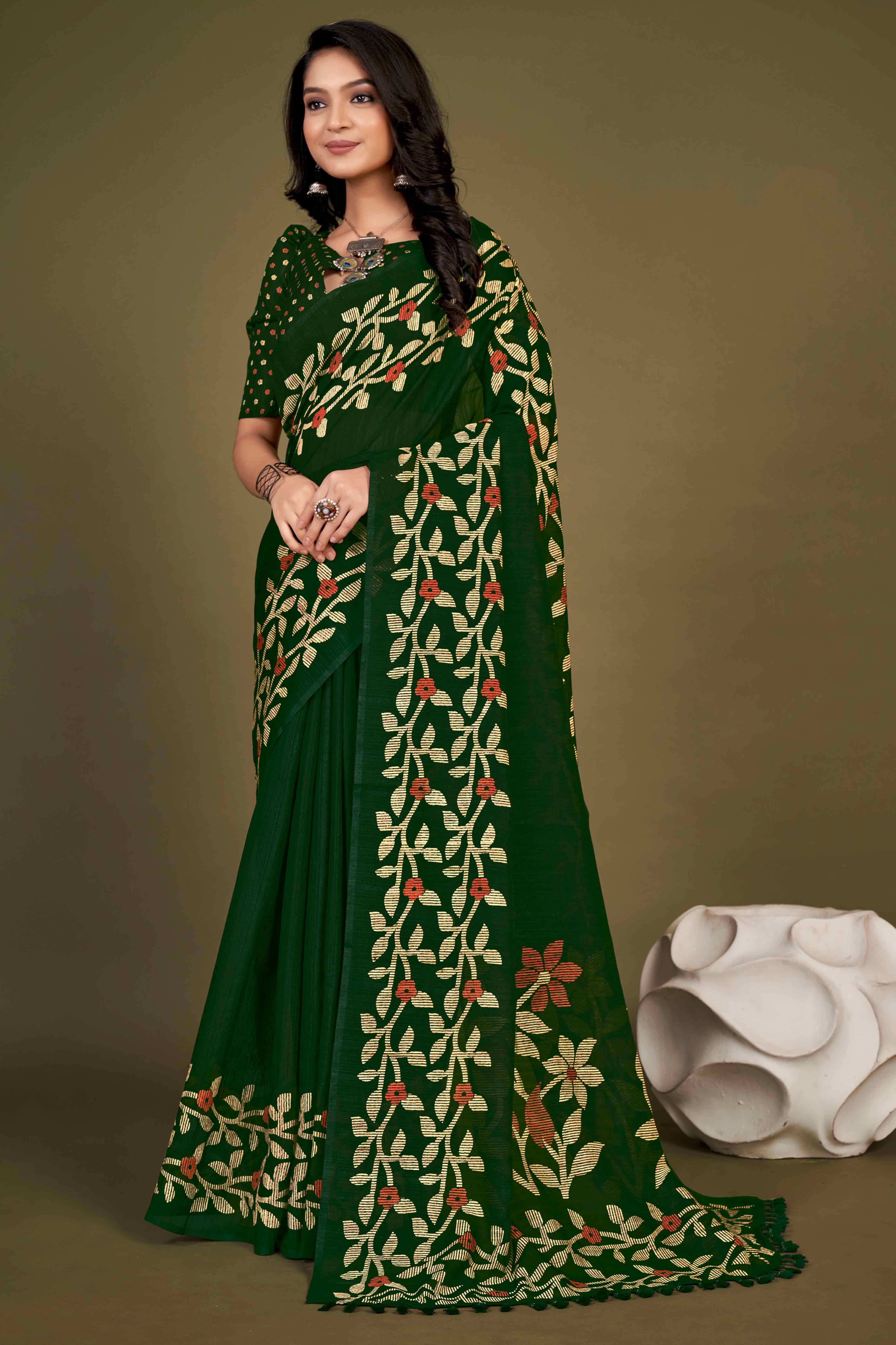 Green Floral Printed Cotton Slub Saree