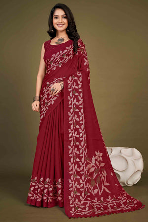 Maroon Floral Printed Cotton Slub Saree