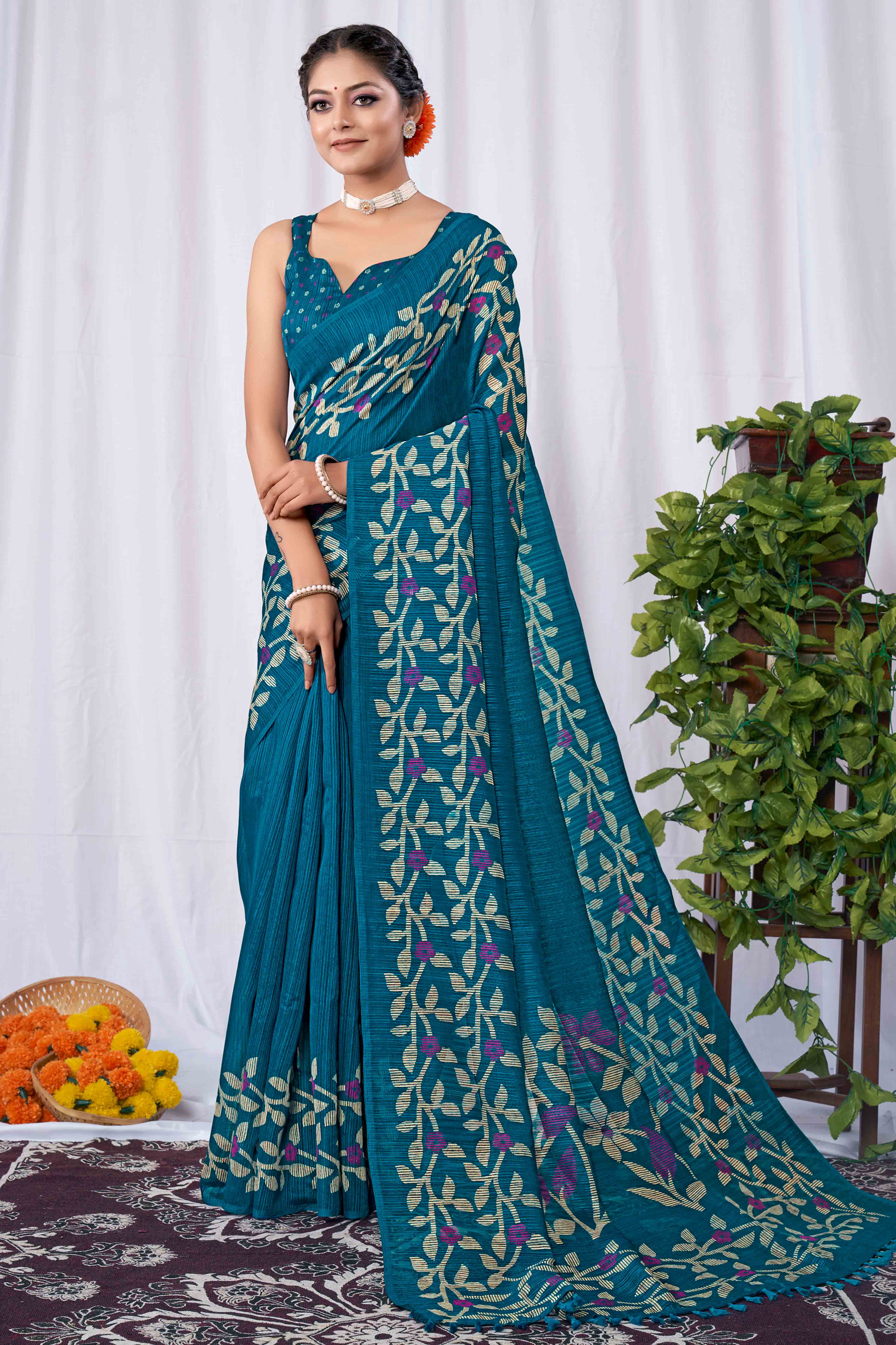 Teal Floral Printed Cotton Slub Saree