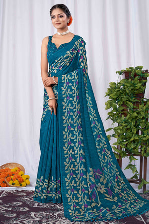 Teal Floral Printed Cotton Slub Saree