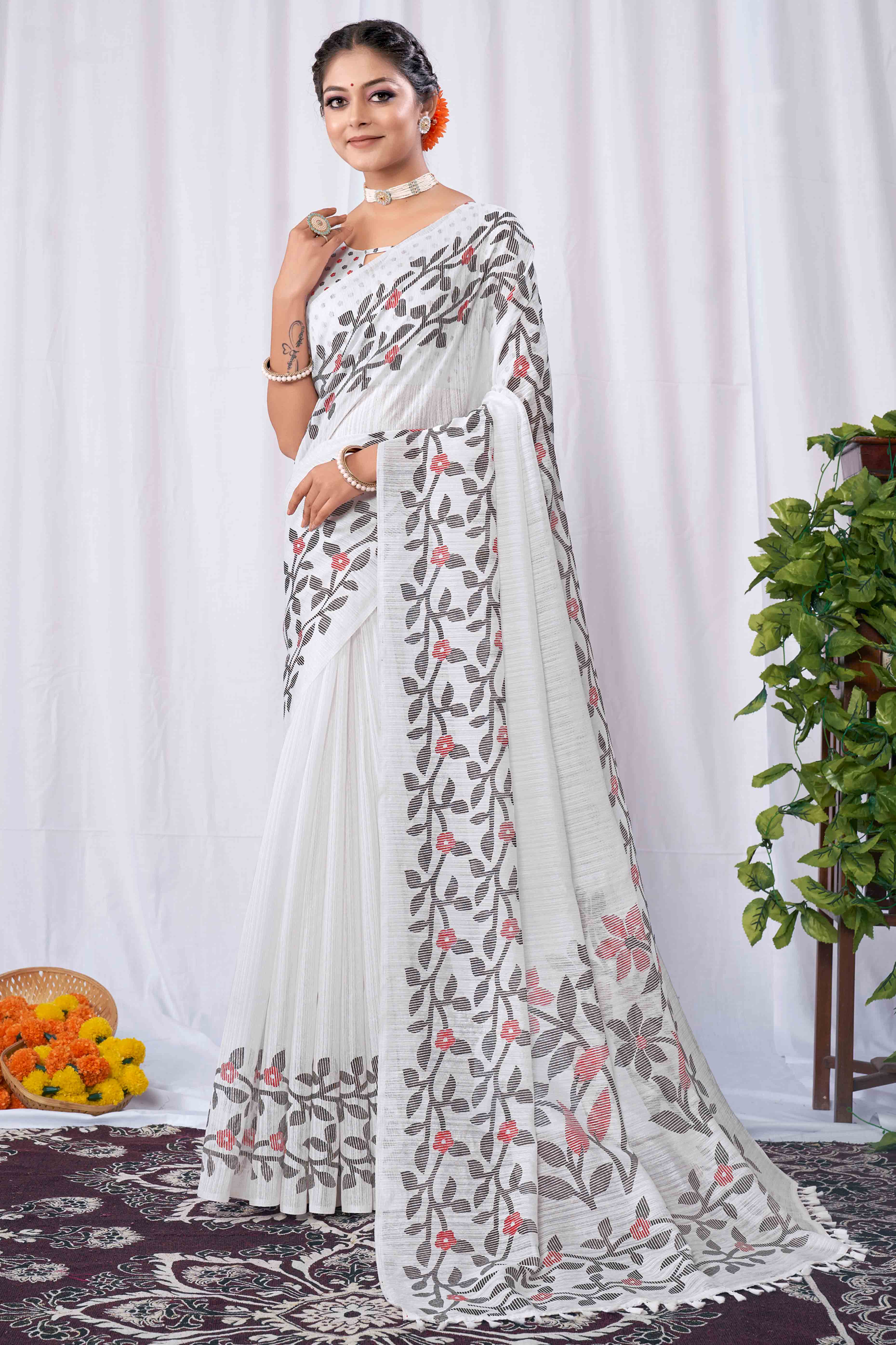 White Floral Printed Cotton Slub Saree