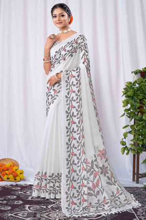 White Floral Printed Cotton Slub Saree