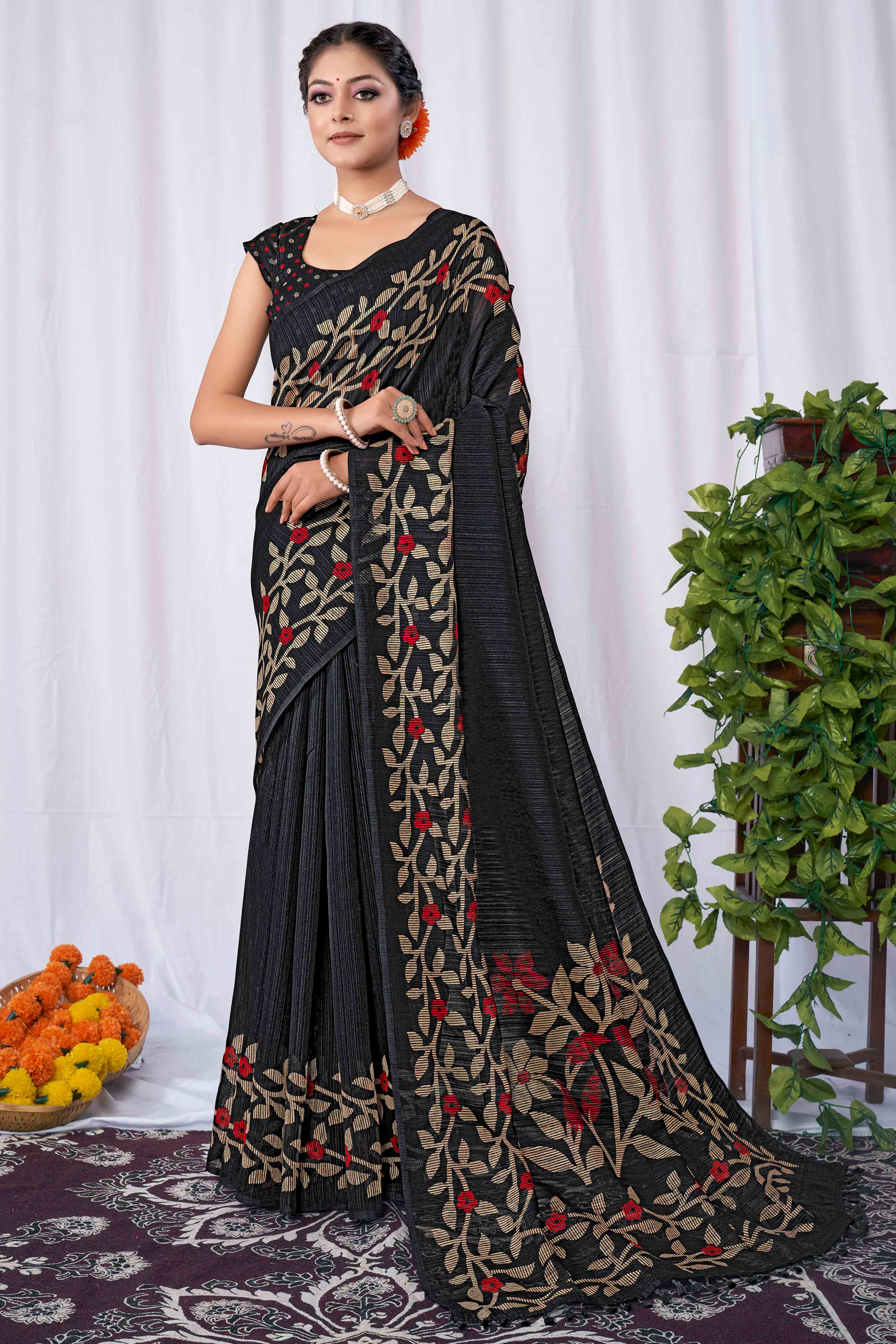 Black Floral Printed Cotton Slub Saree