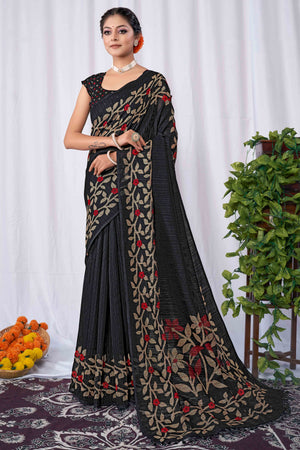 Black Floral Printed Cotton Slub Saree