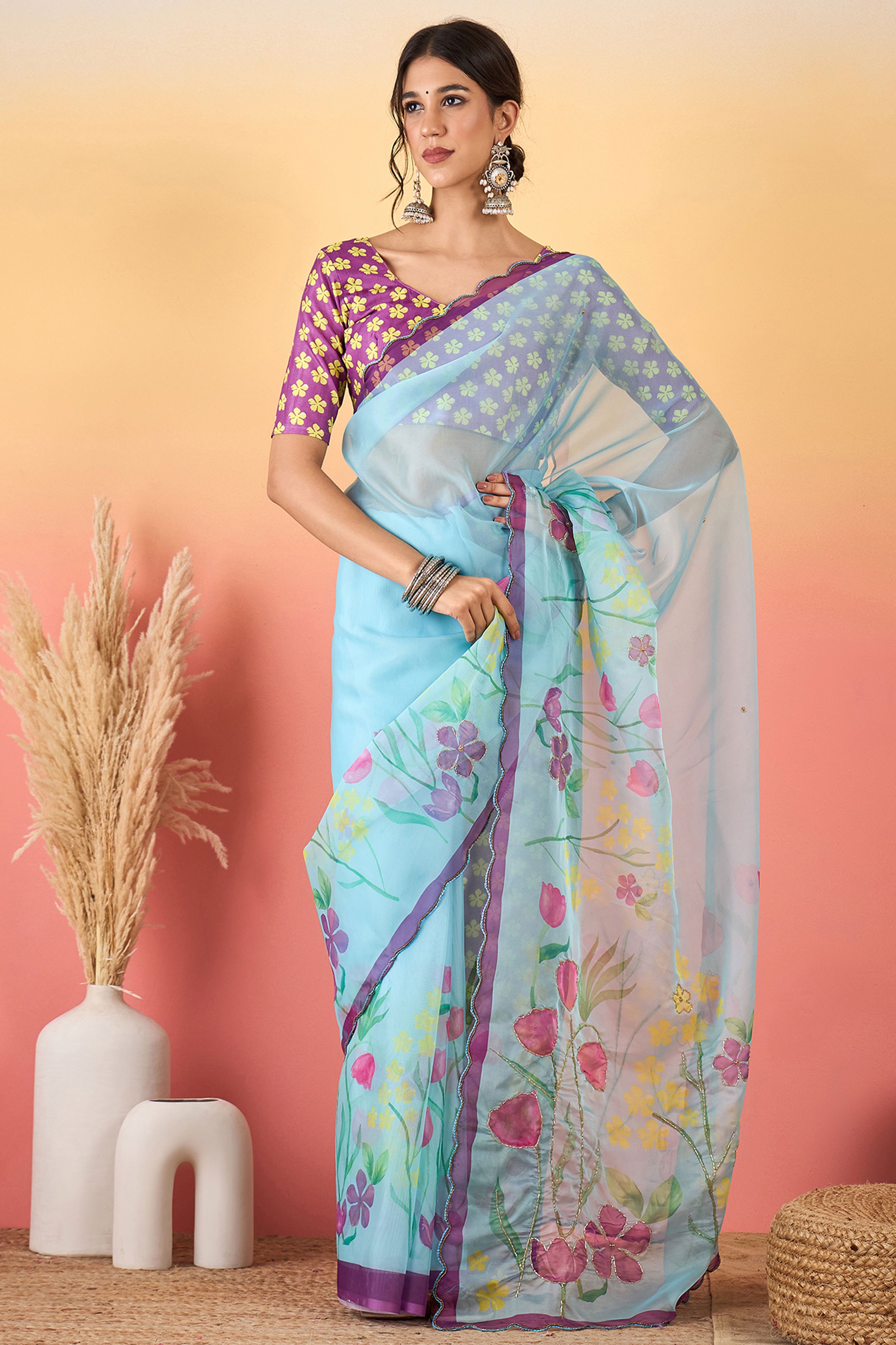 Gorgeous Sky Blue Floral Printed Saree in Sheer Organza Blend Fabric with Handcrafted Beads Work
