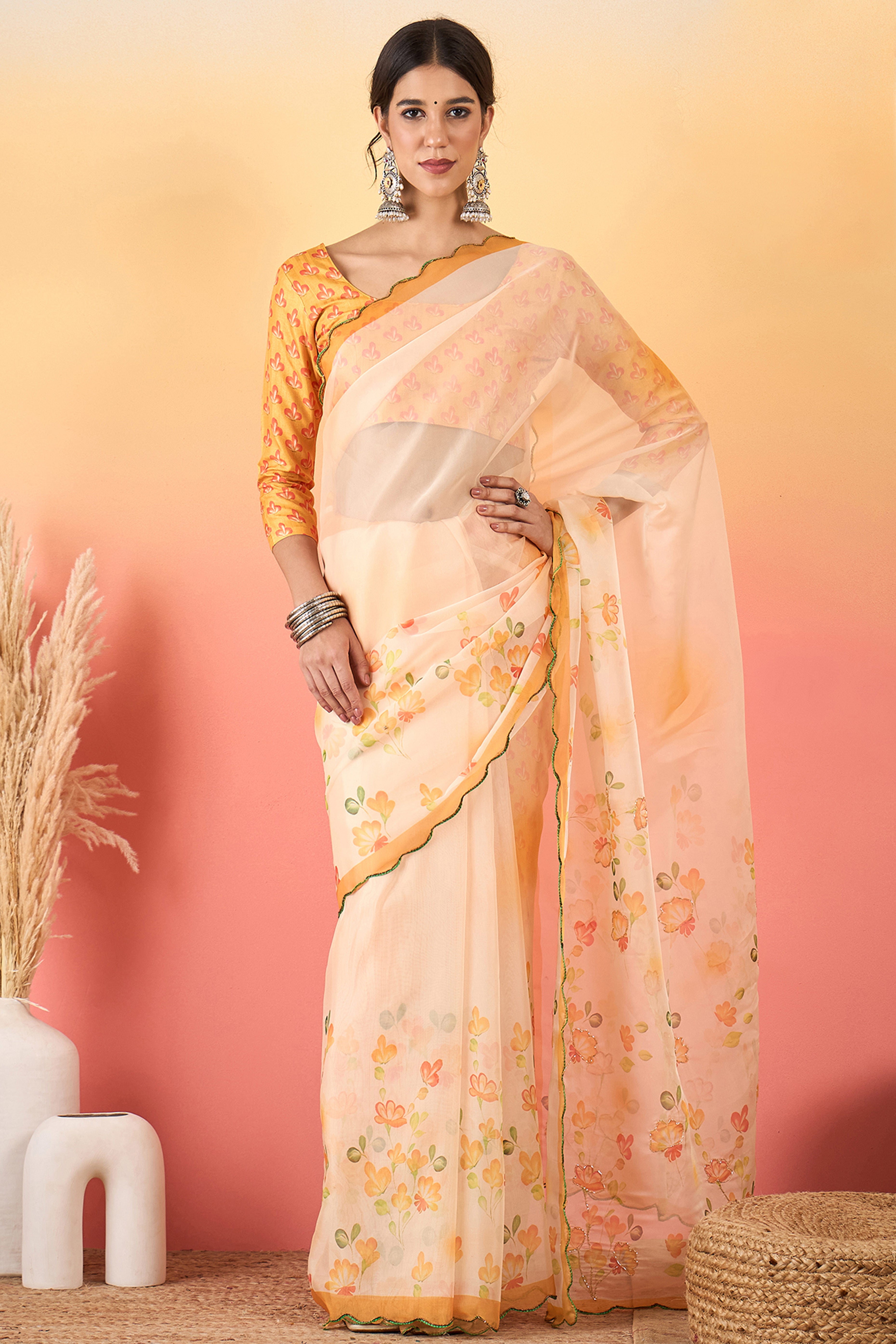 Gorgeous Cream Floral Printed Saree in Sheer Organza Blend Fabric with Handcrafted Beads Work