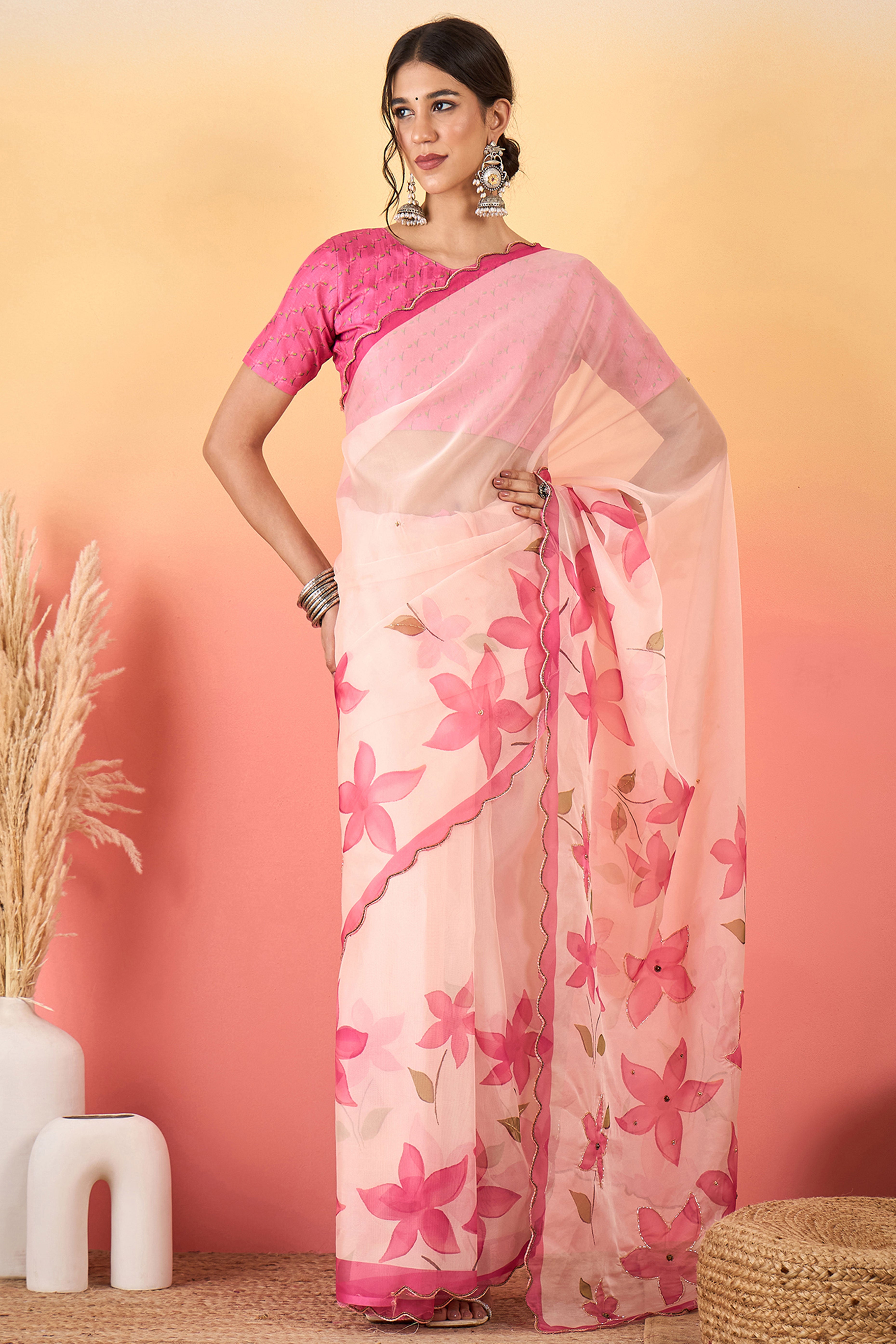 Gorgeous Pink Floral Printed Saree in Sheer Organza Blend Fabric with Handcrafted Beads Work