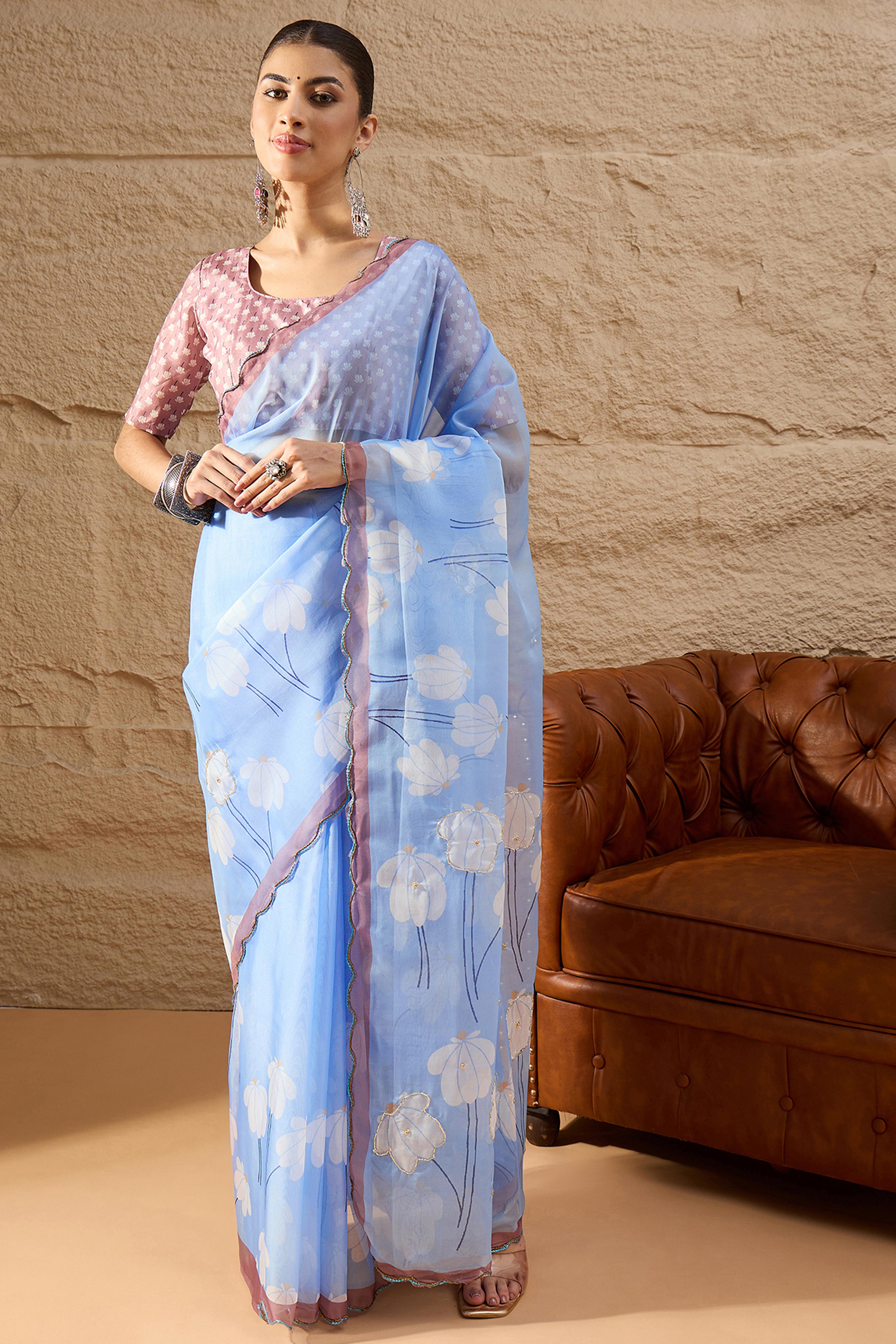 Gorgeous Light Blue Floral Printed Saree in Sheer Organza Blend Fabric with Handcrafted Beads Work