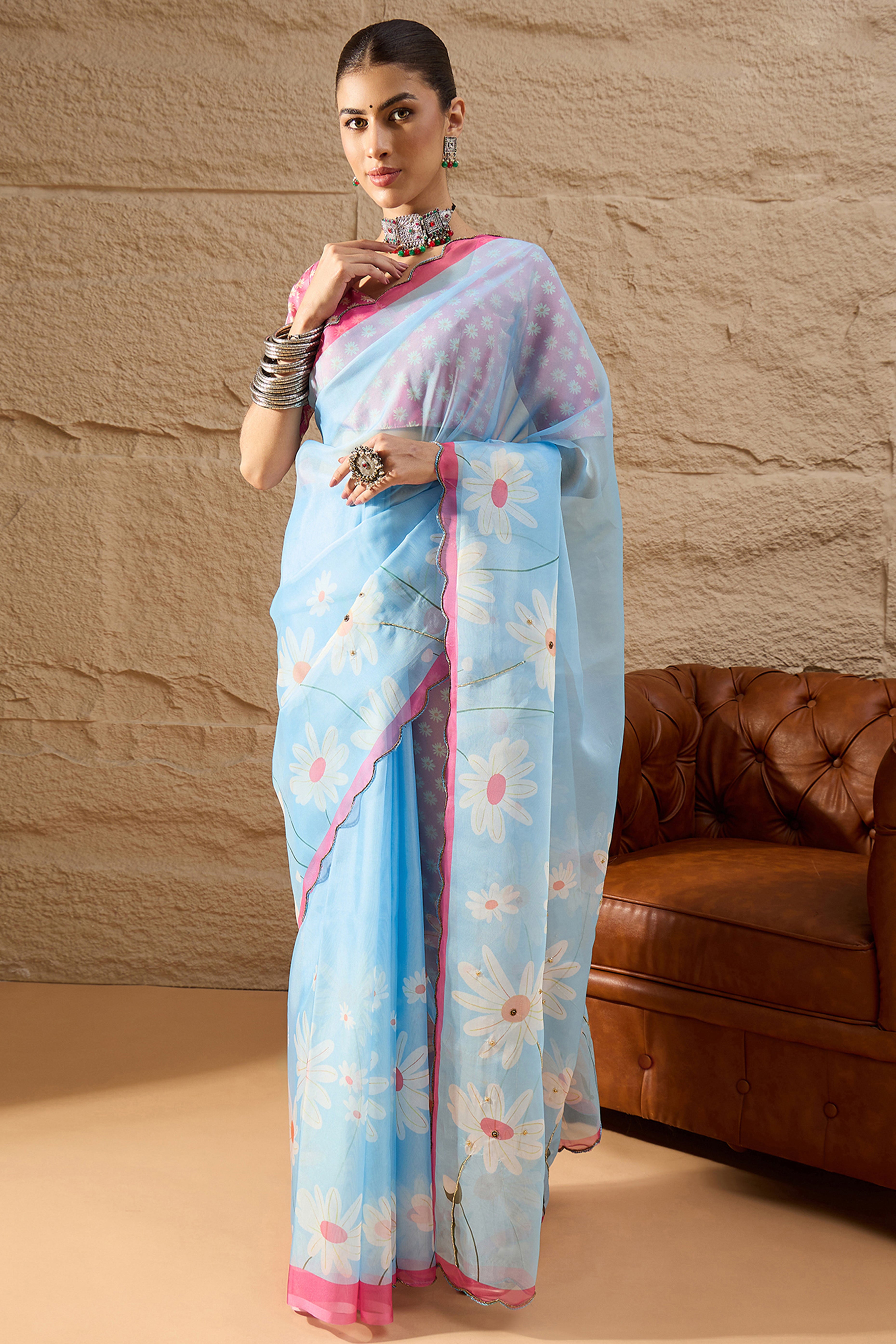 Sky Blue Floral Printed Saree in Sheer Organza Blend Fabric with Handcrafted Beads Work