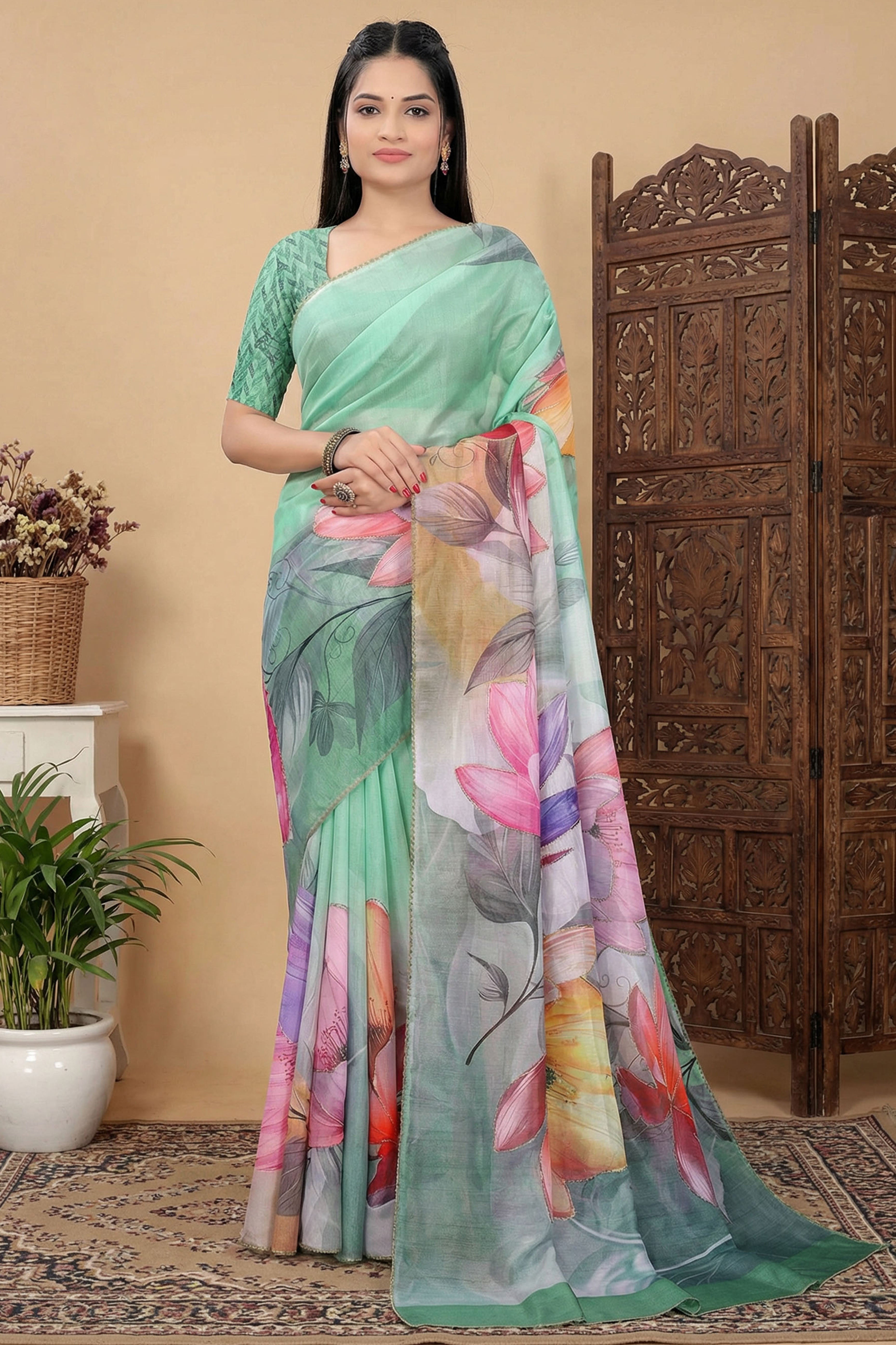 Sea Green Beads Work Saree Flowy Organza Blend All Over Floral Print Festive Wear