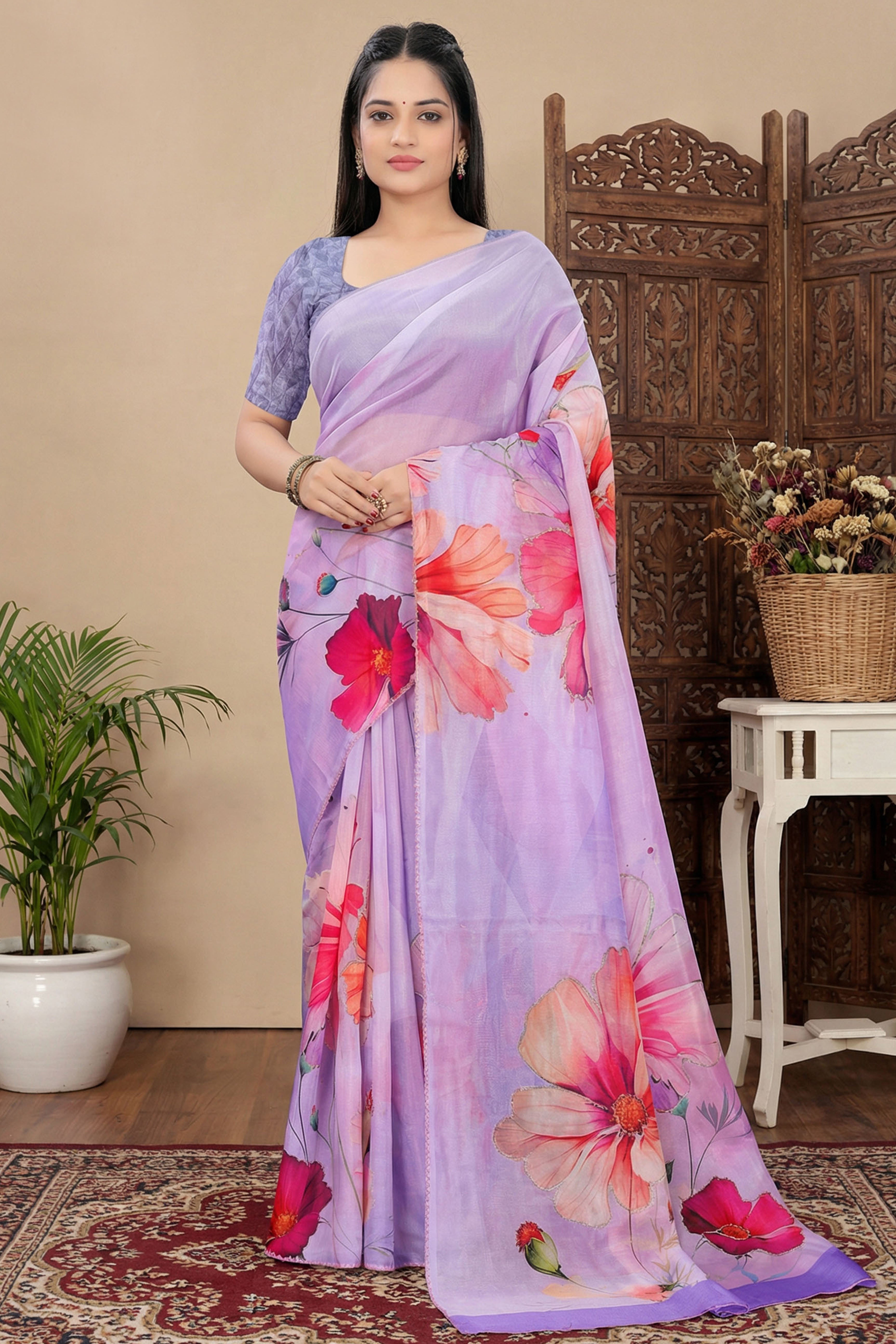 Lavender Beads Work Saree Flowy Organza Blend All Over Floral Print Festive Wear