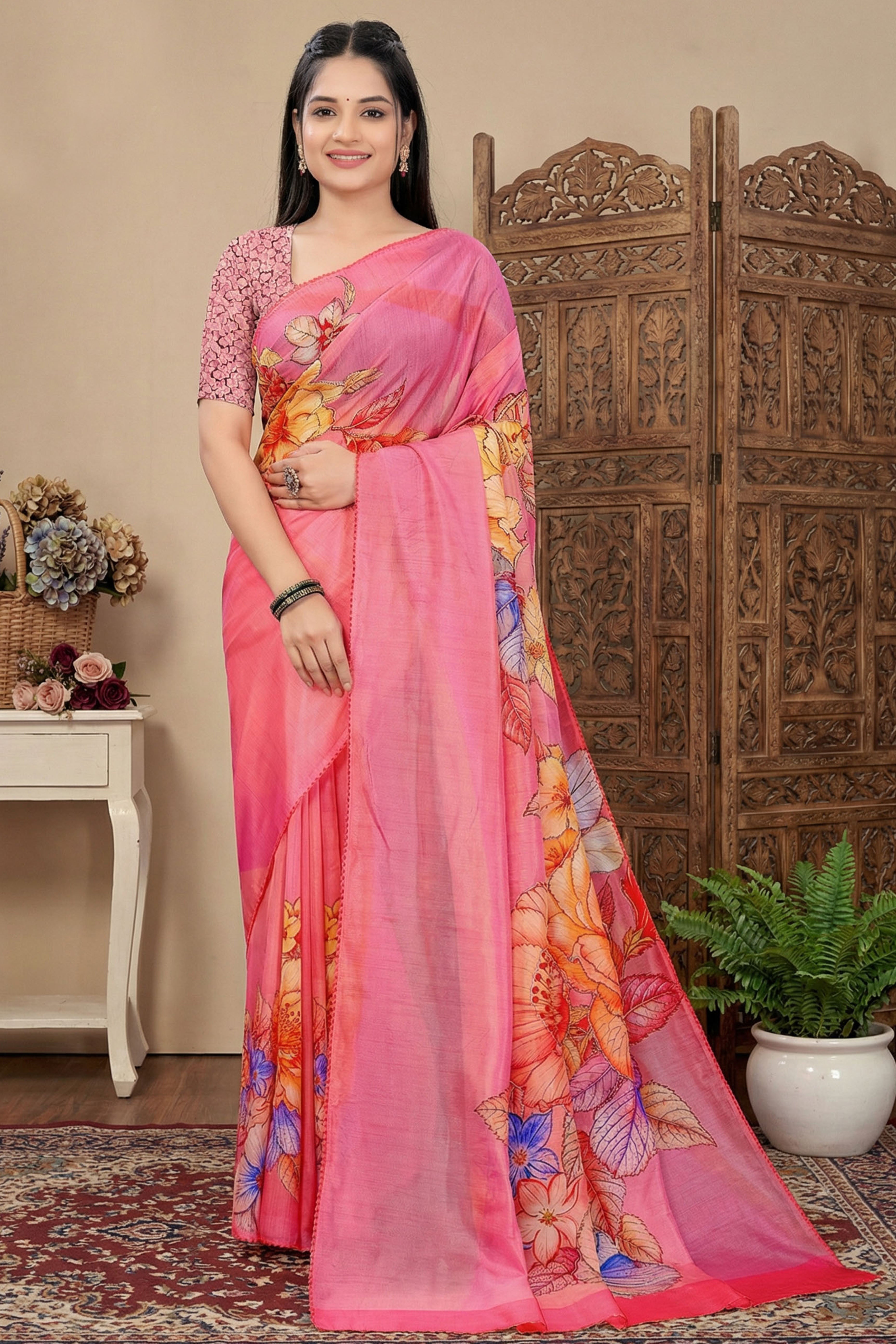 Pink Beads Work Saree Flowy Organza Blend All Over Floral Print Festive Wear
