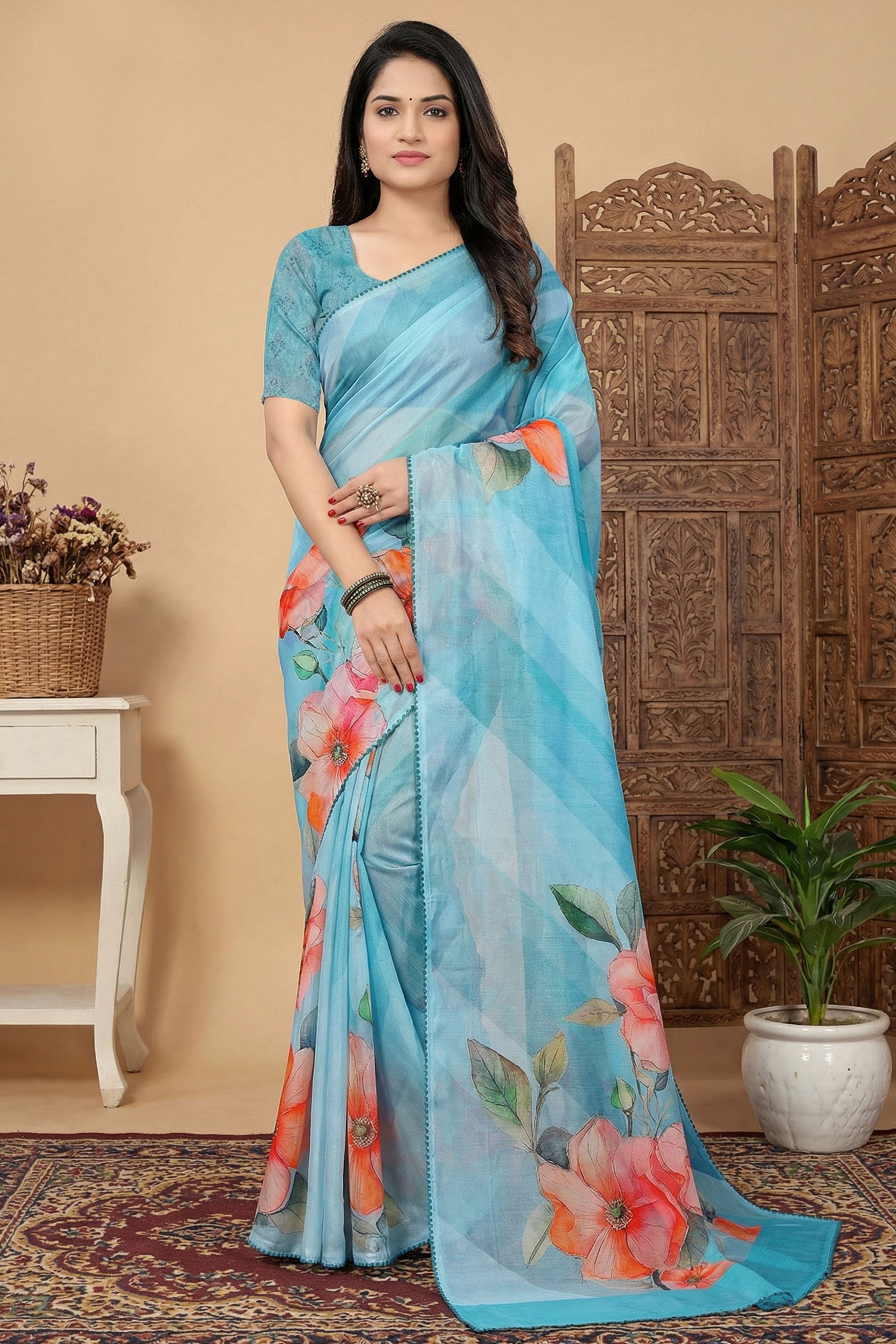Teal Beads Work Saree Flowy Organza Blend All Over Floral Print Festive Wear