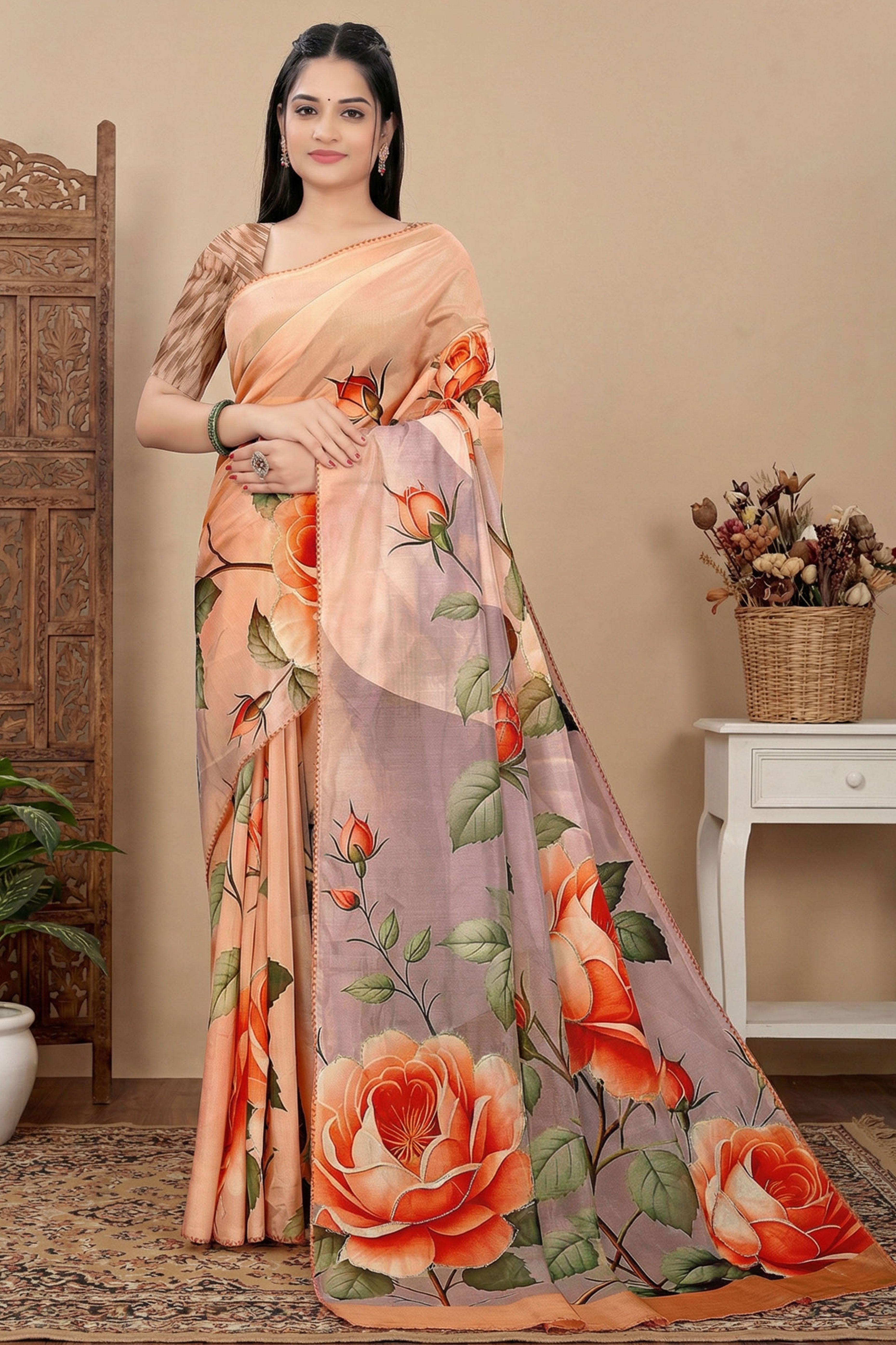 Peach Beads Work Saree Flowy Organza Blend All Over Floral Print Festive Wear