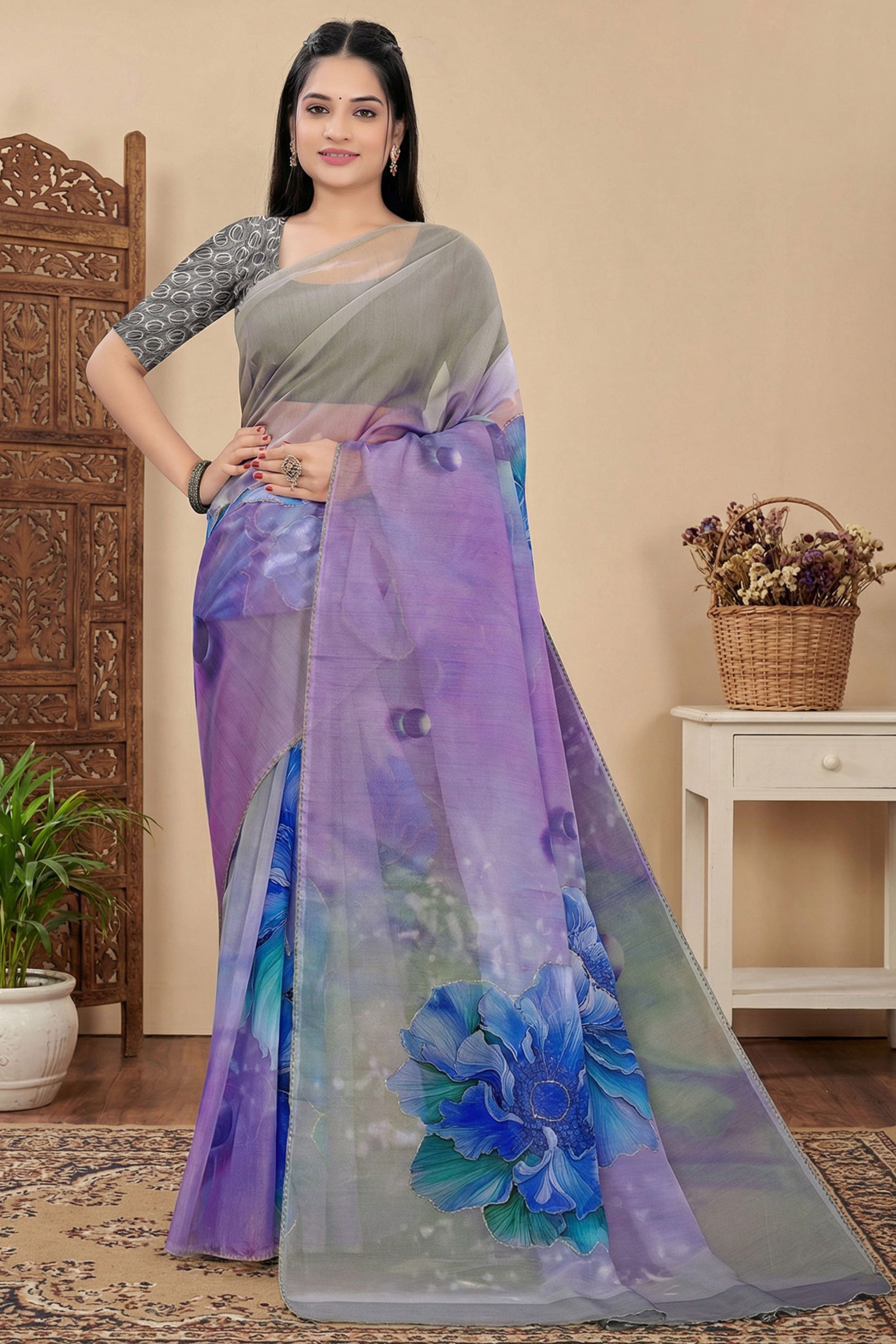 Grey Beads Work Saree Flowy Organza Blend All Over Floral Print Festive Wear