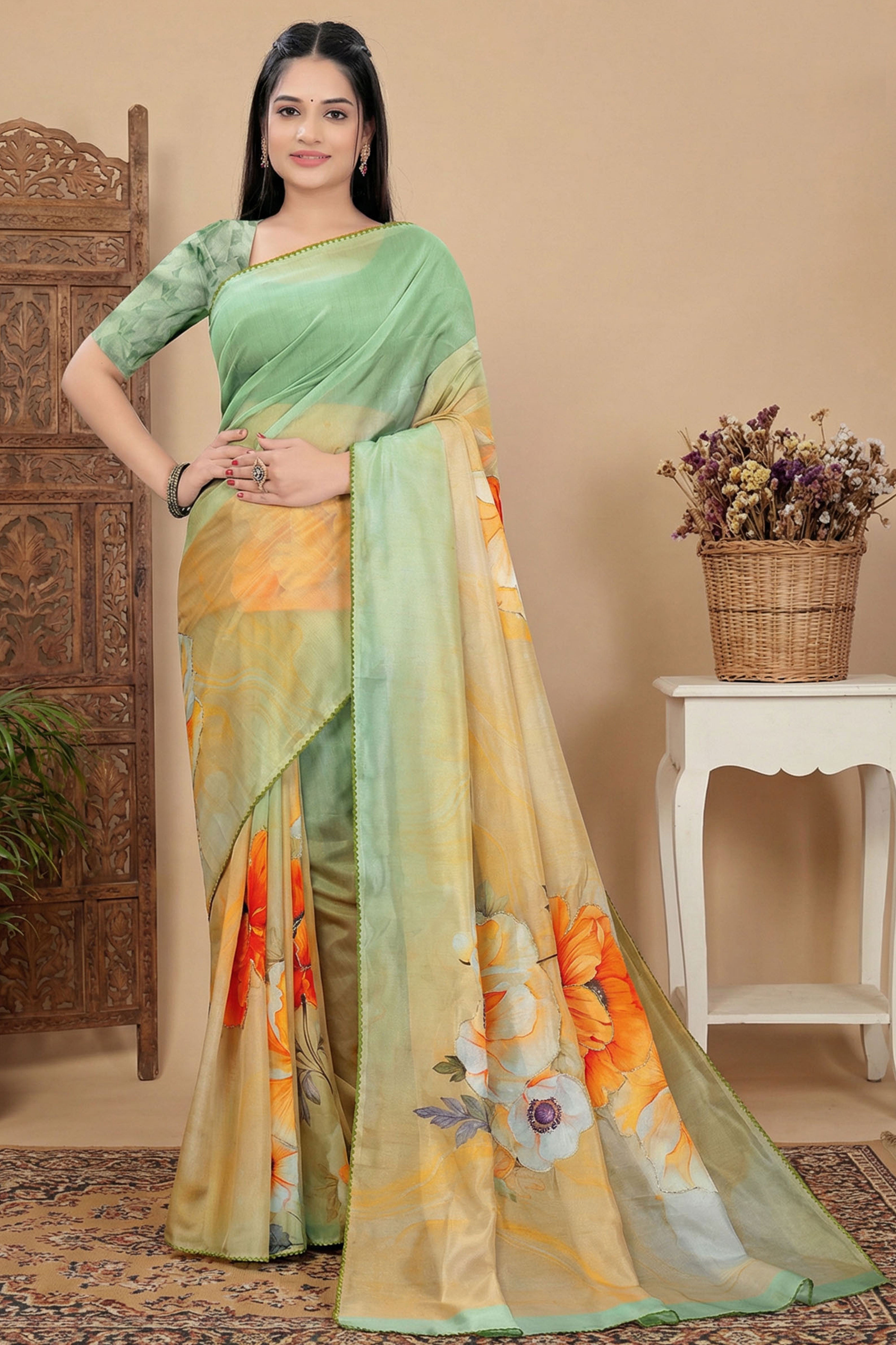 Pista Green Beads Work Saree Flowy Organza Blend All Over Floral Print Festive Wear