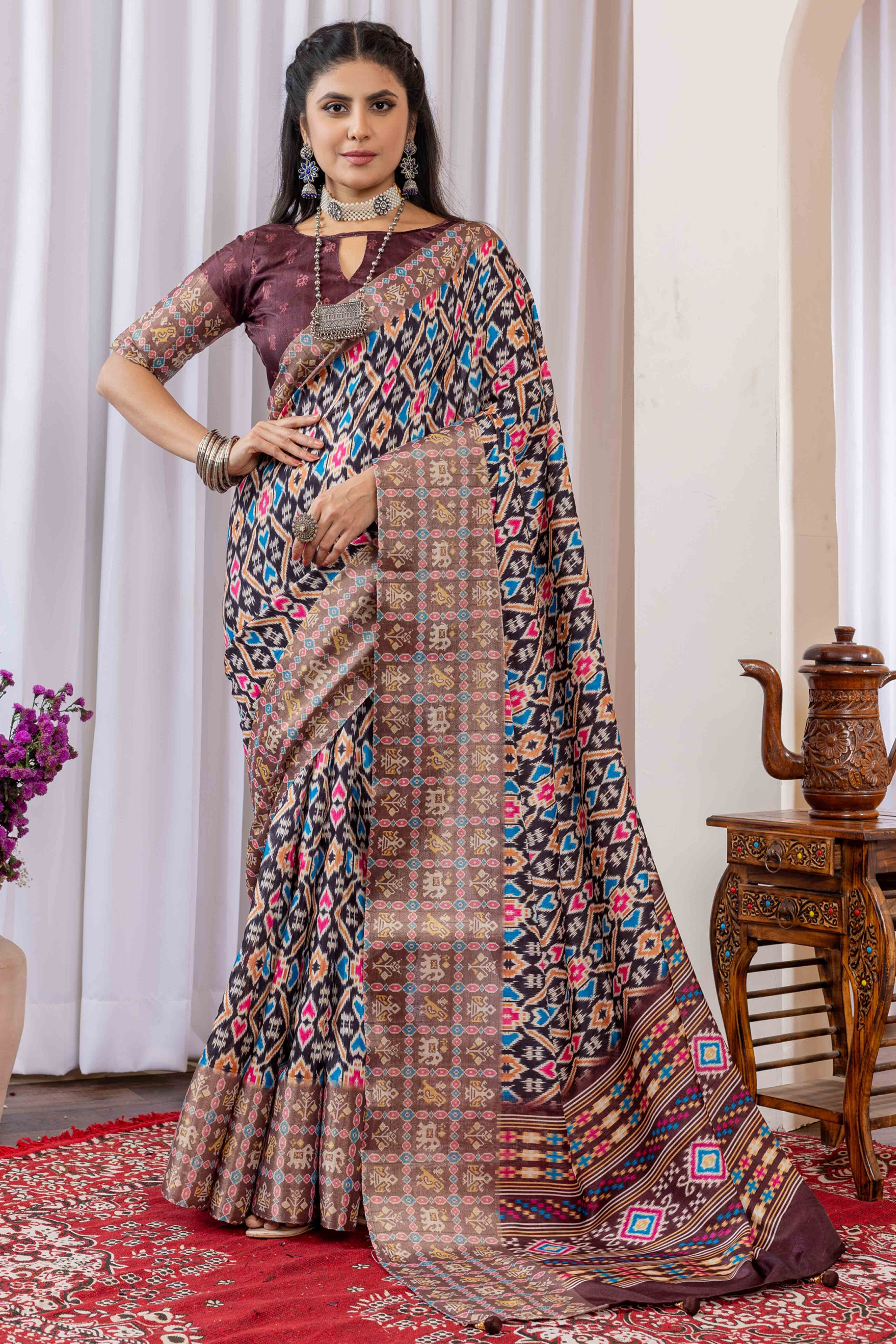 Brown Cotton Silk Saree with Digital Abstract Prints