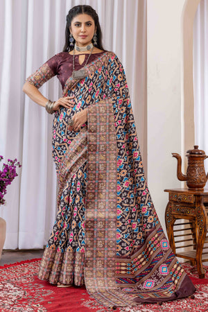 Brown Cotton Silk Saree with Digital Abstract Prints