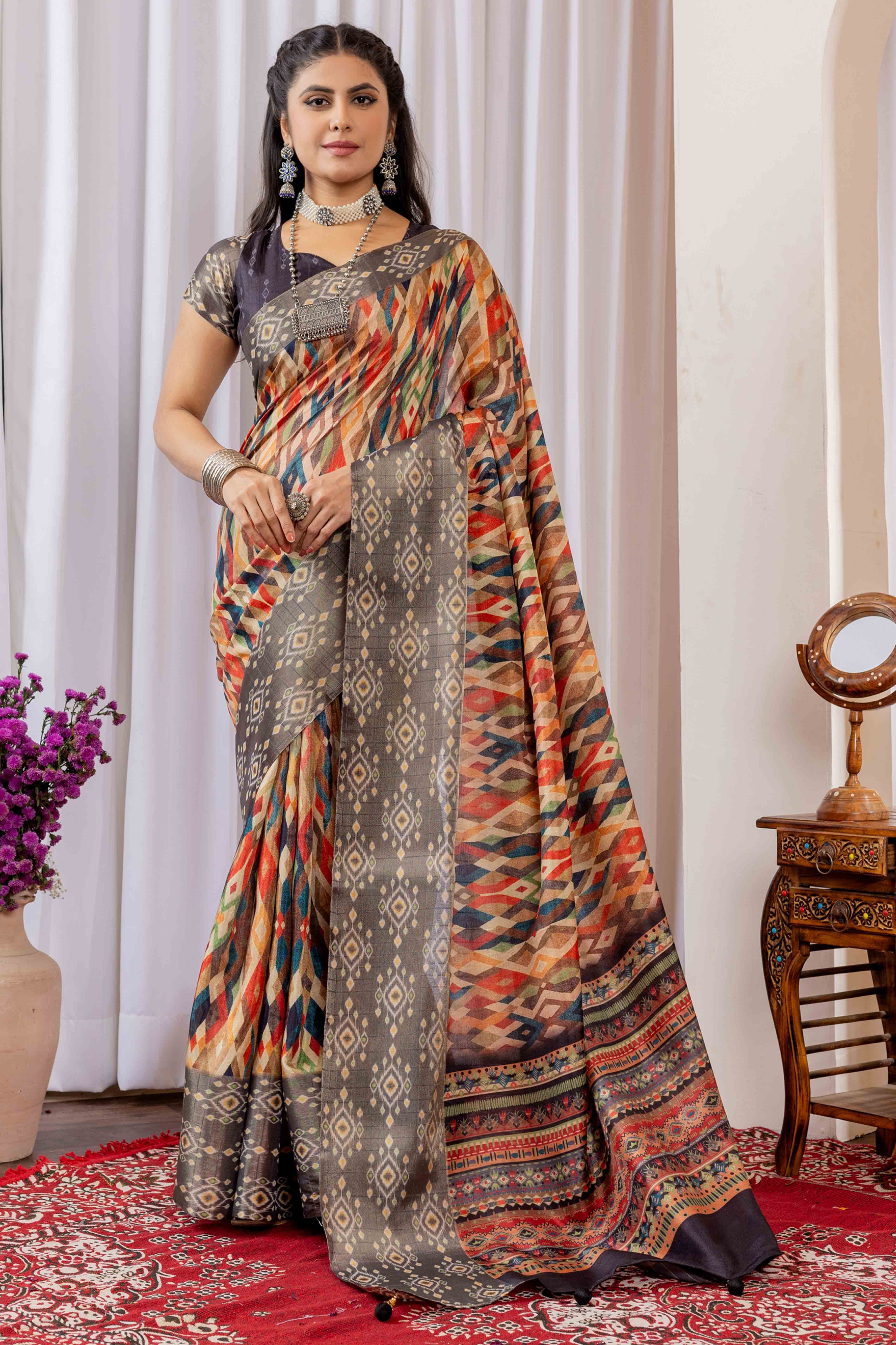 Grey Cotton Silk Saree with Digital Abstract Prints