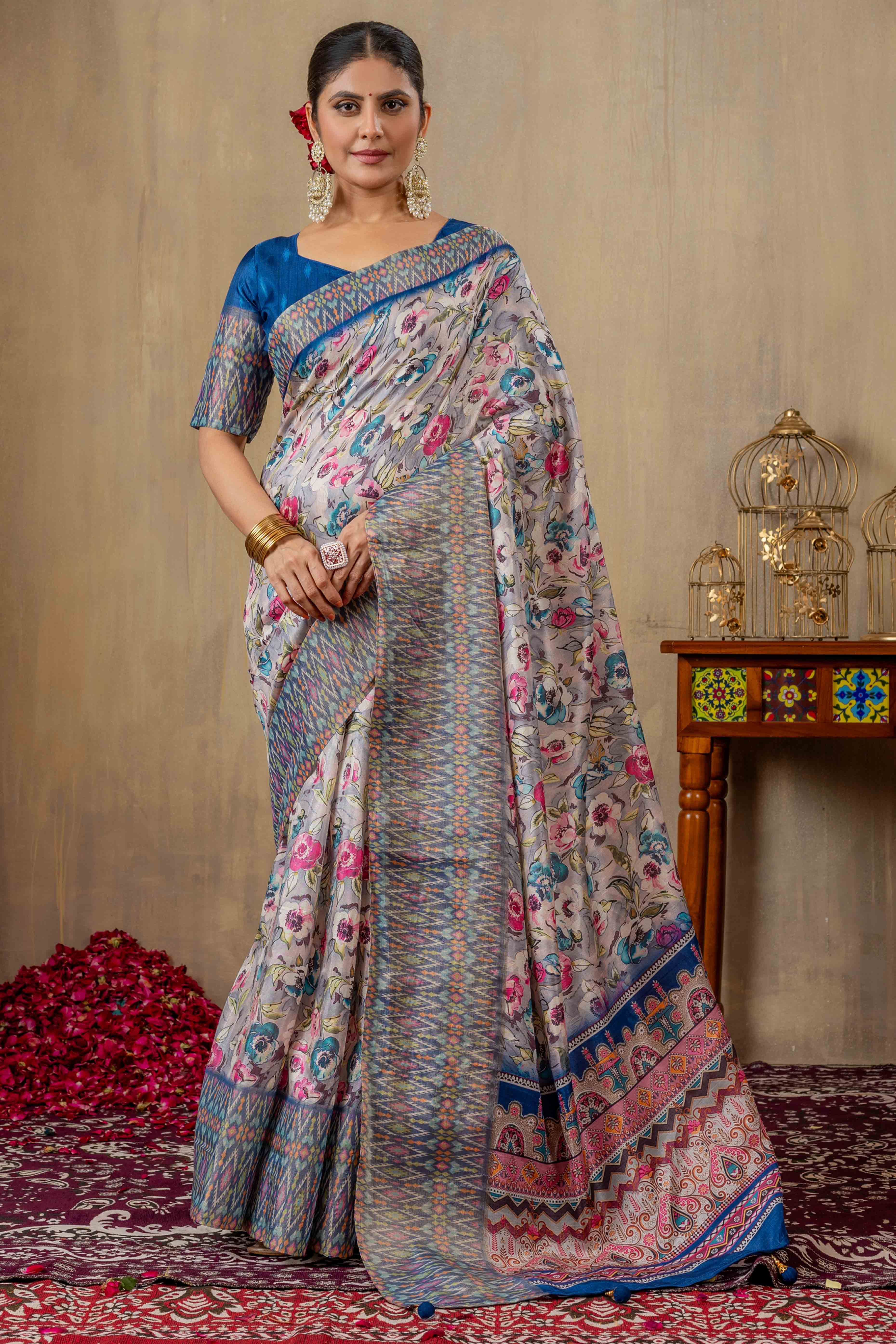 Grey & Blue Cotton Silk Saree with Digital Abstract Prints