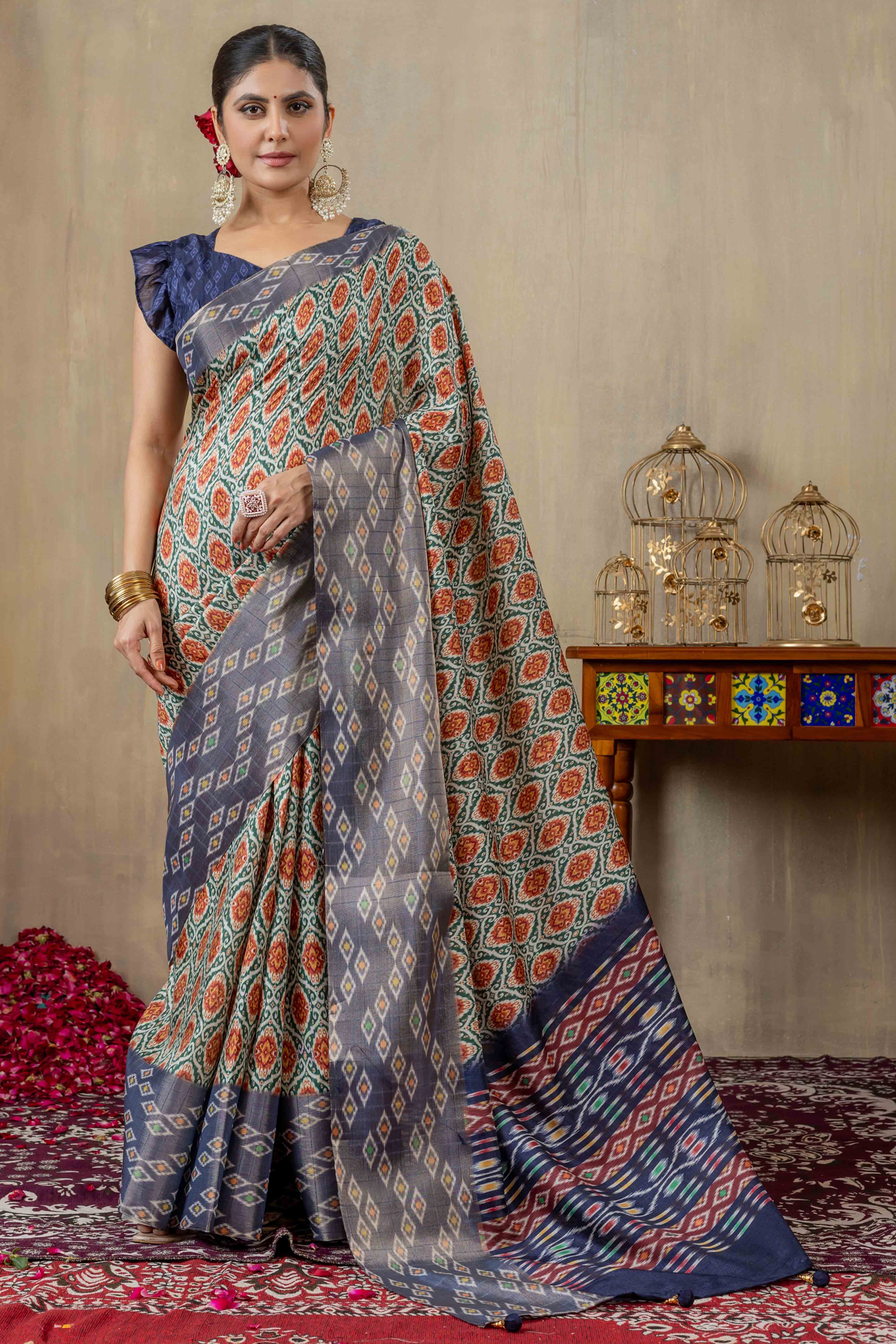 Grey & Blue Cotton Silk Saree with Digital Abstract Prints
