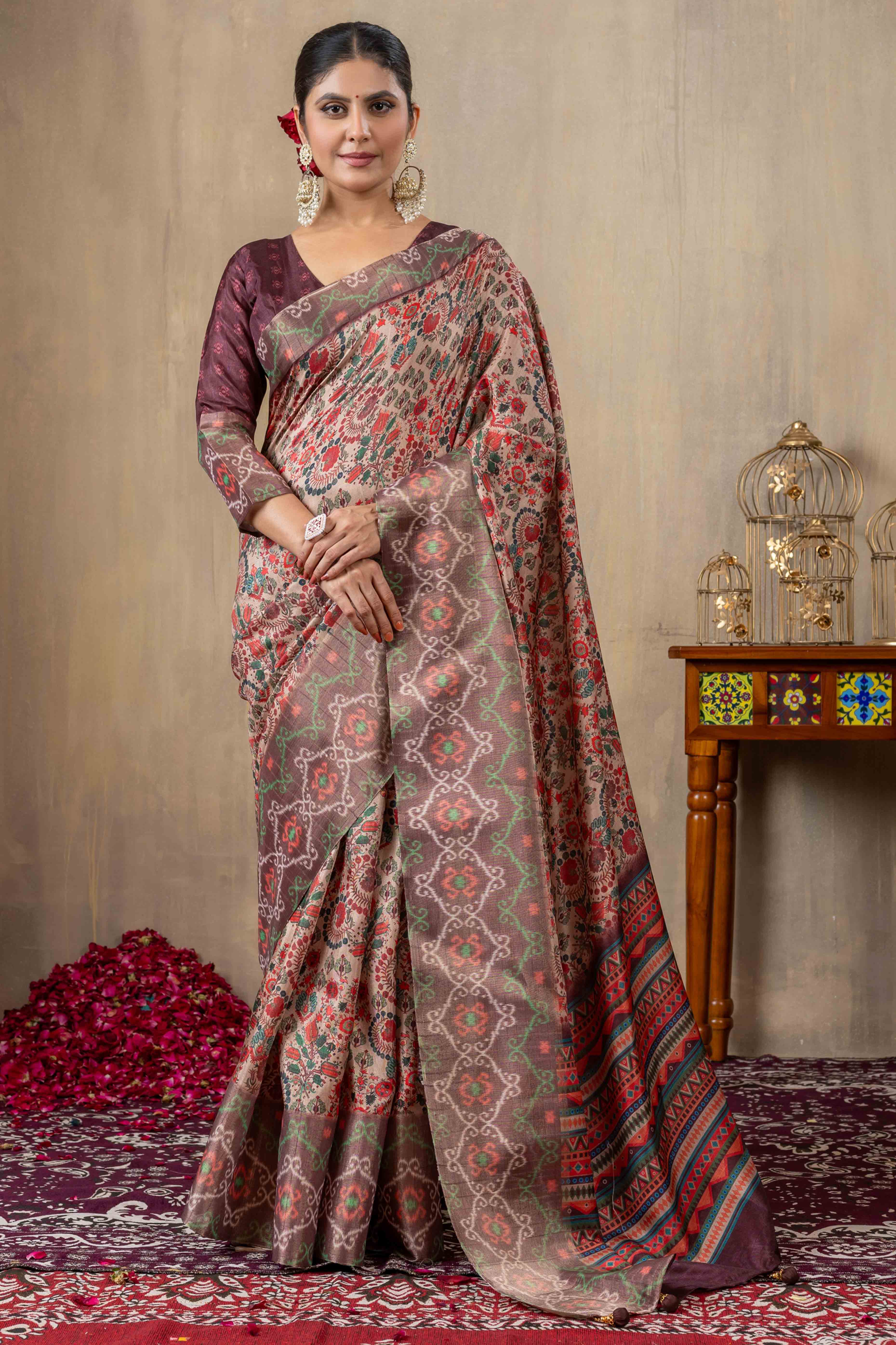 Brown Cotton Silk Saree with Digital Abstract Prints