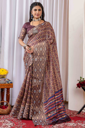 Brown Cotton Silk Saree with Digital Abstract Prints