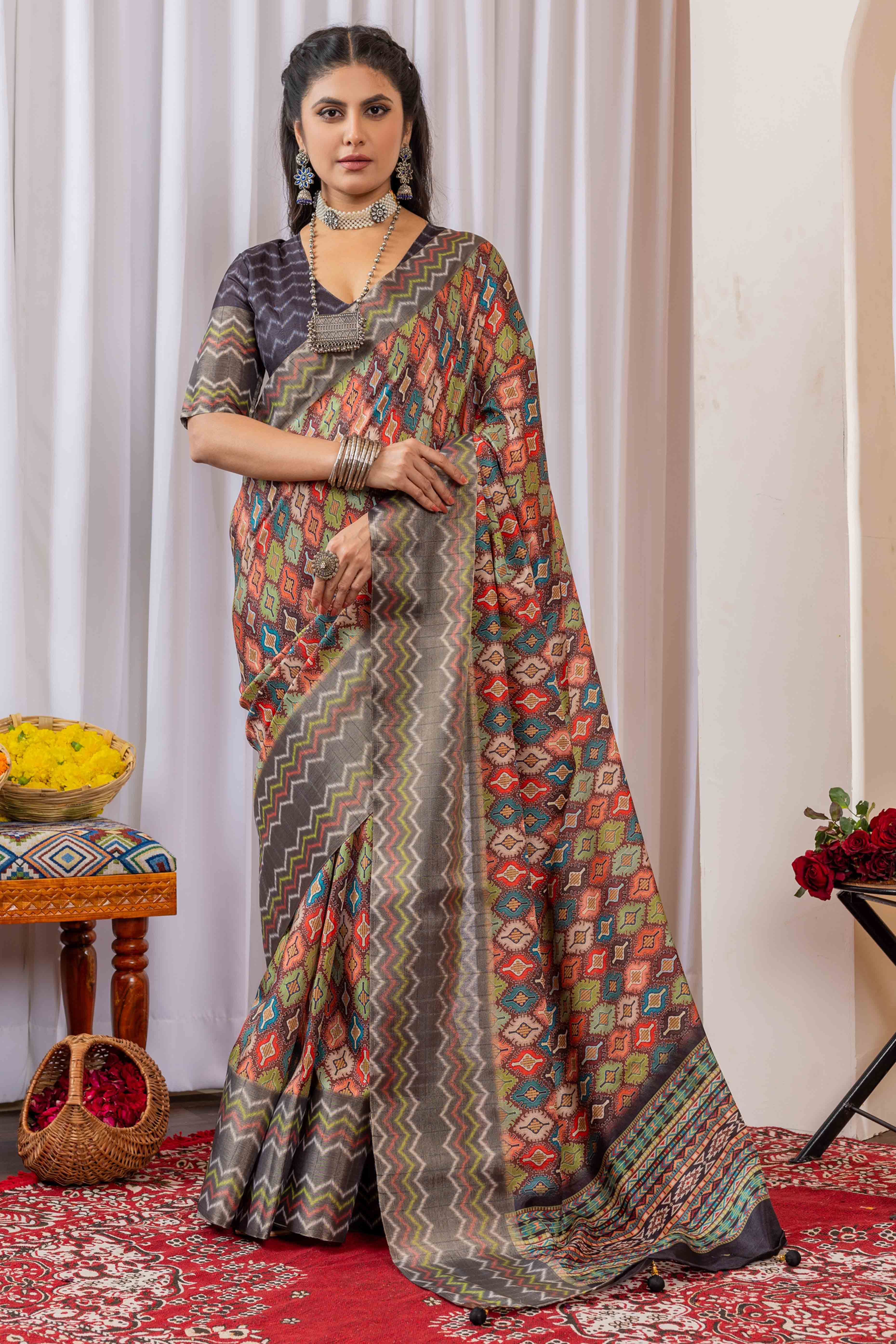 Multicolor Cotton Silk Saree with Digital Abstract Prints