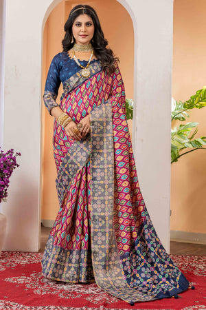 Pink & Blue Cotton Silk Saree with Digital Abstract Prints