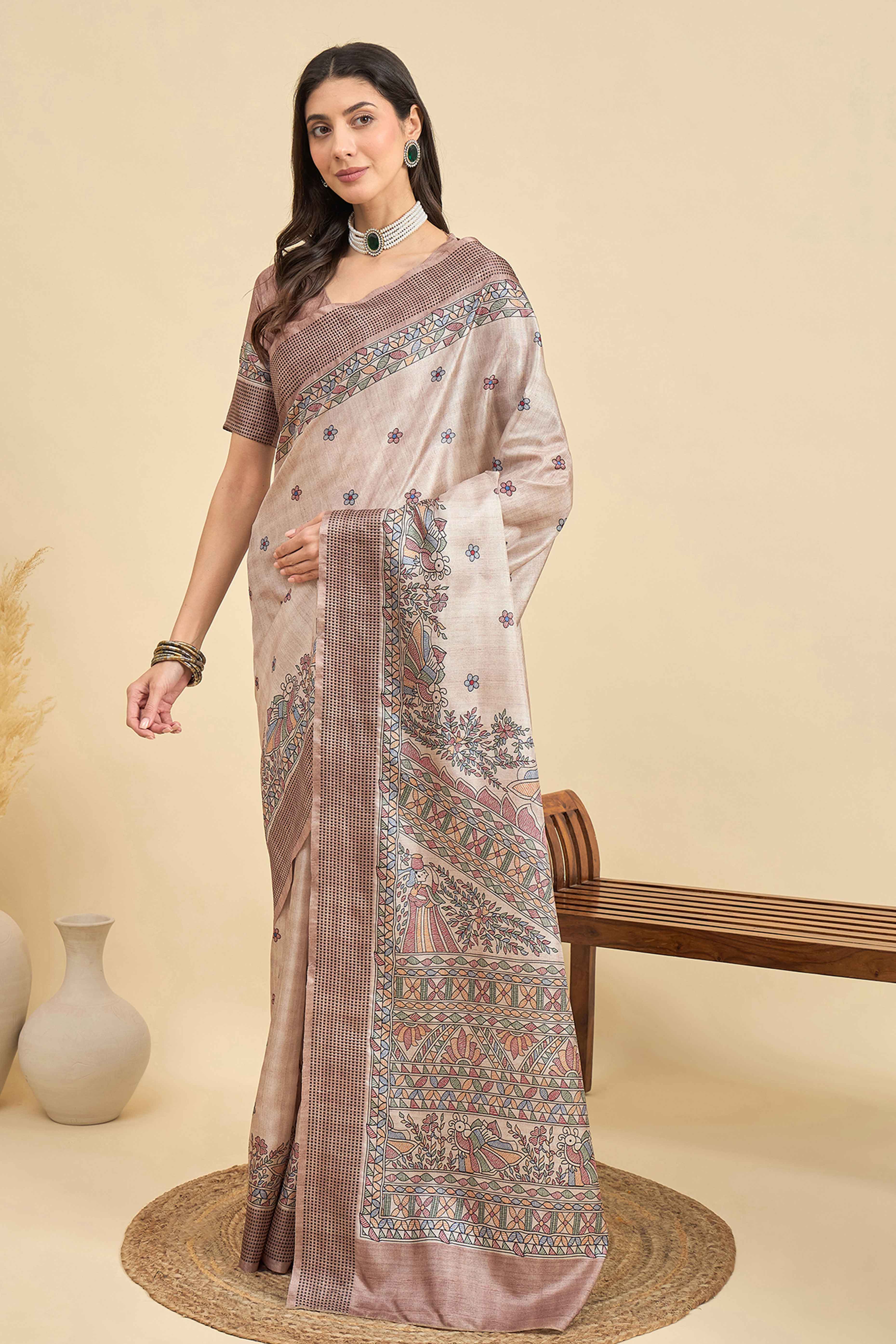 Beige Floral Printed Silk Blend Saree