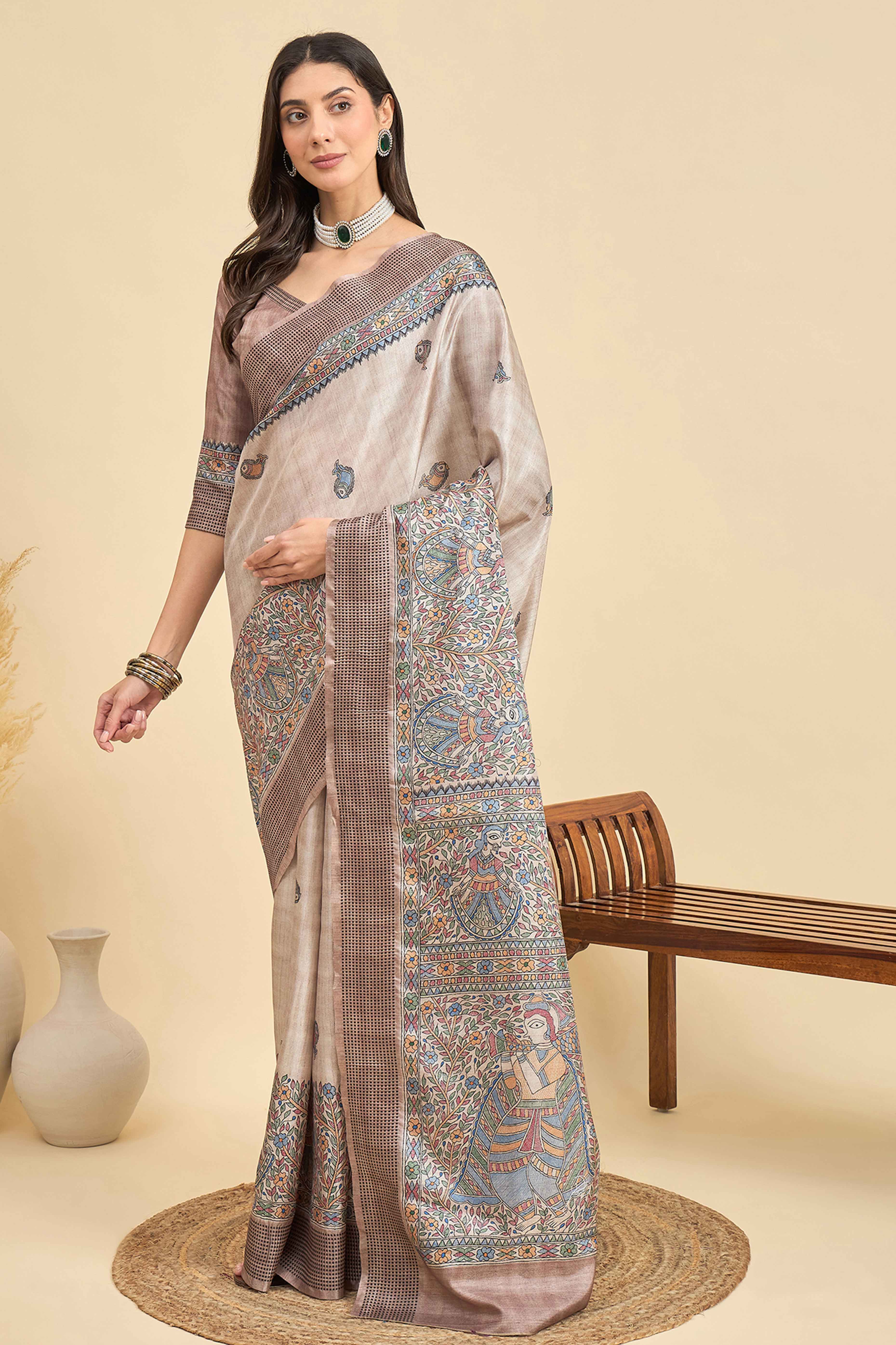 Beige Floral Printed Silk Blend Saree
