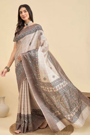 Beige Floral Printed Silk Blend Saree