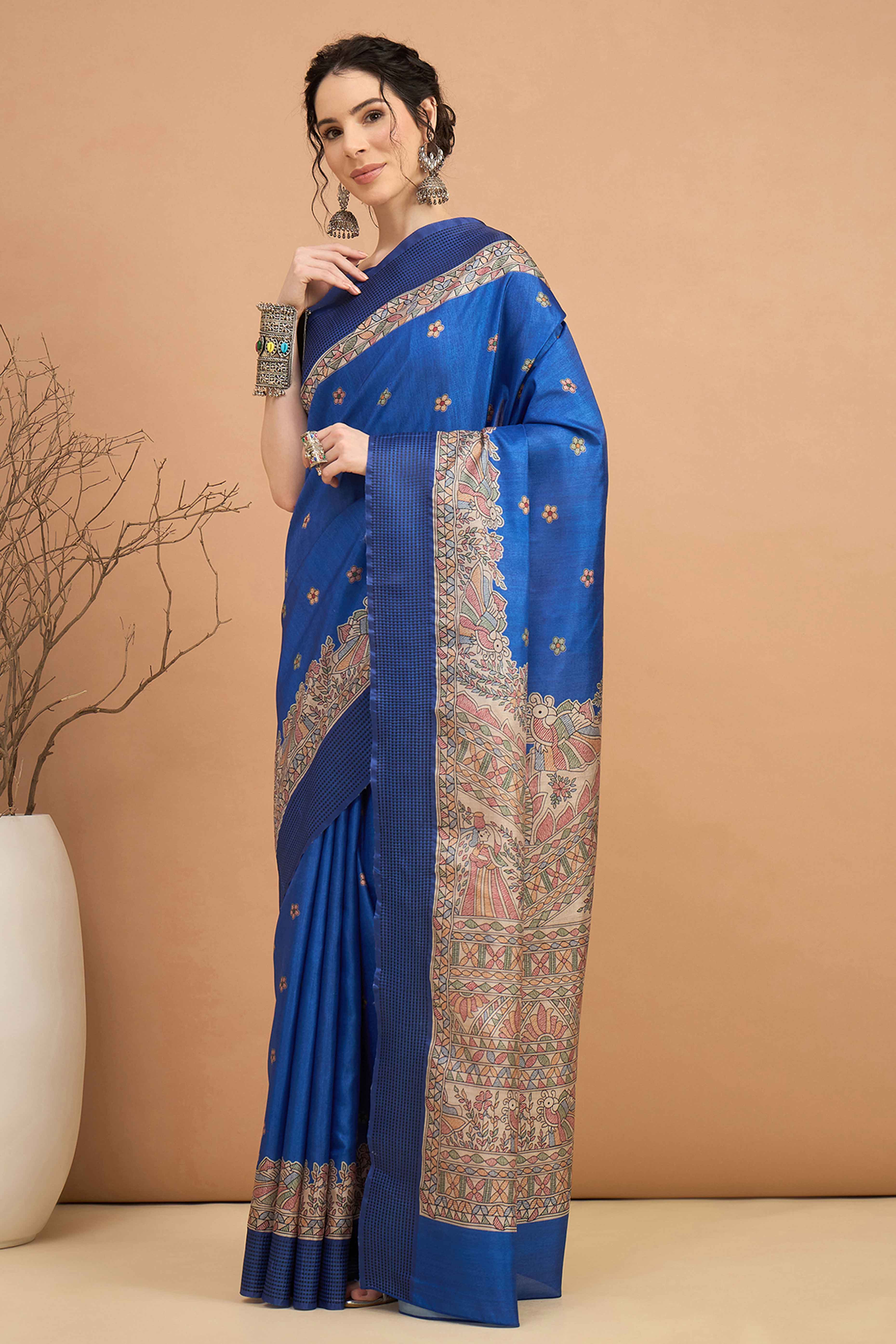 Blue Silk Blend Saree with Delicate Floral Motifs