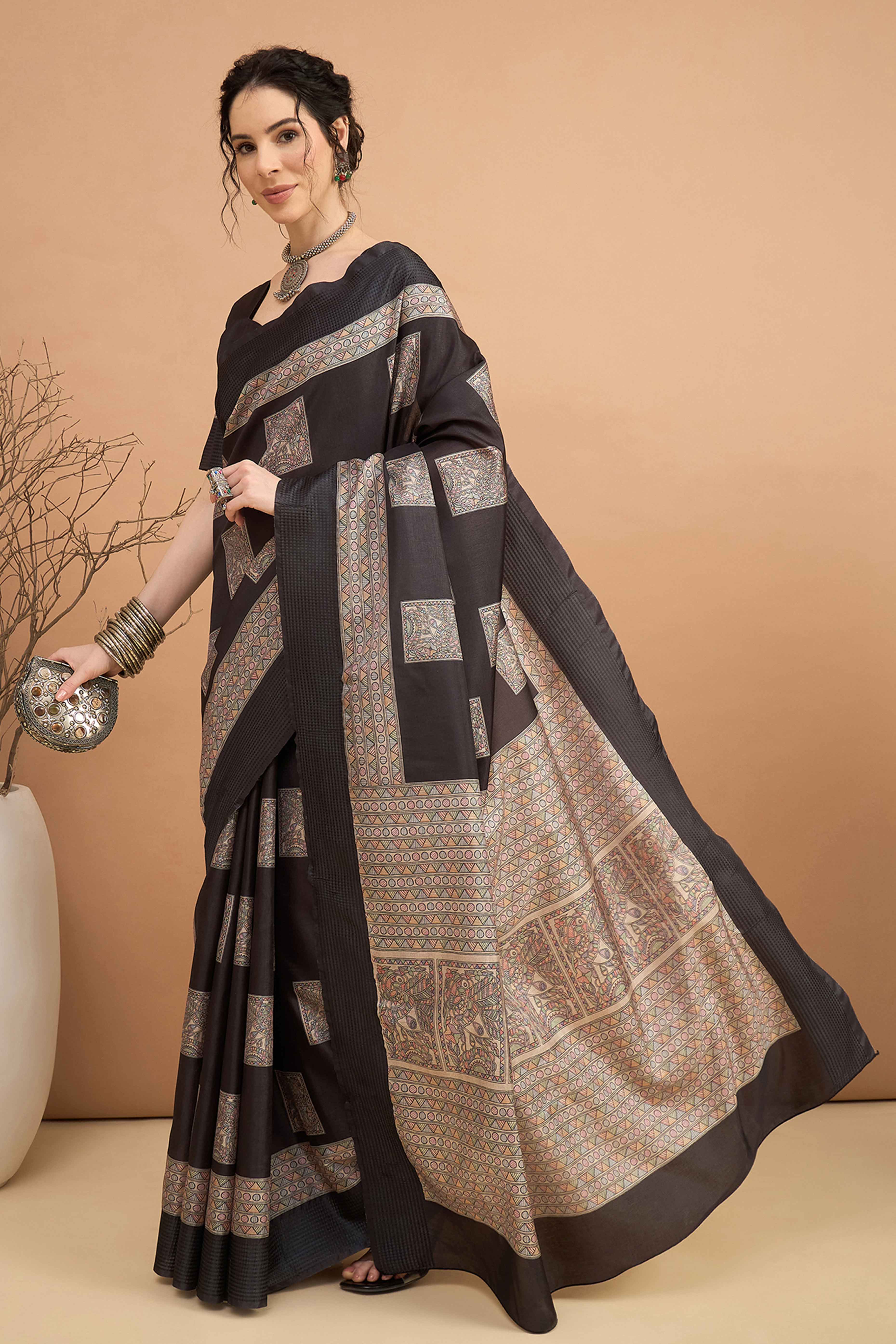 Black Silk Blend Saree with Delicate Floral Motifs