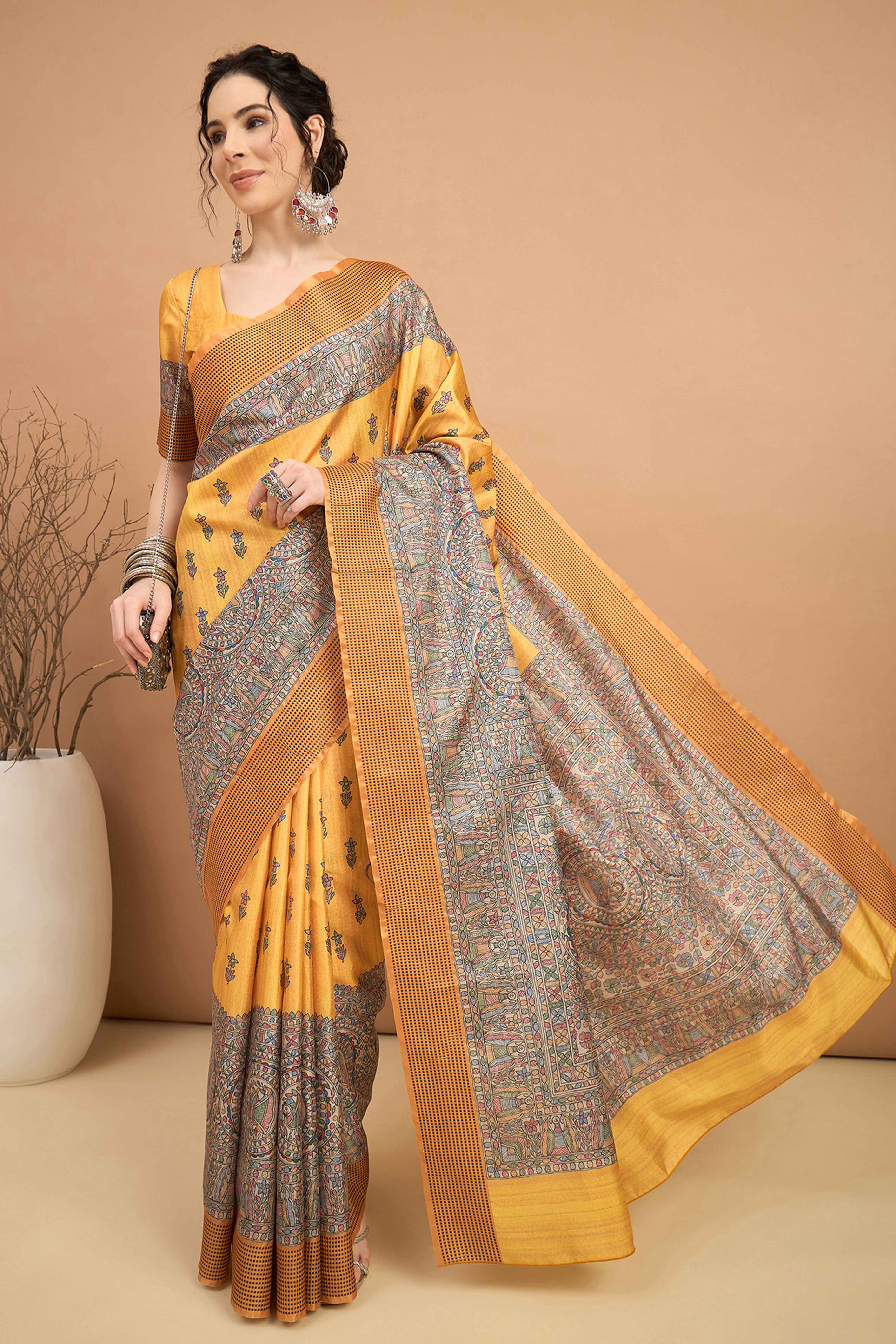 Mustard Silk Blend Saree with Delicate Floral Motifs