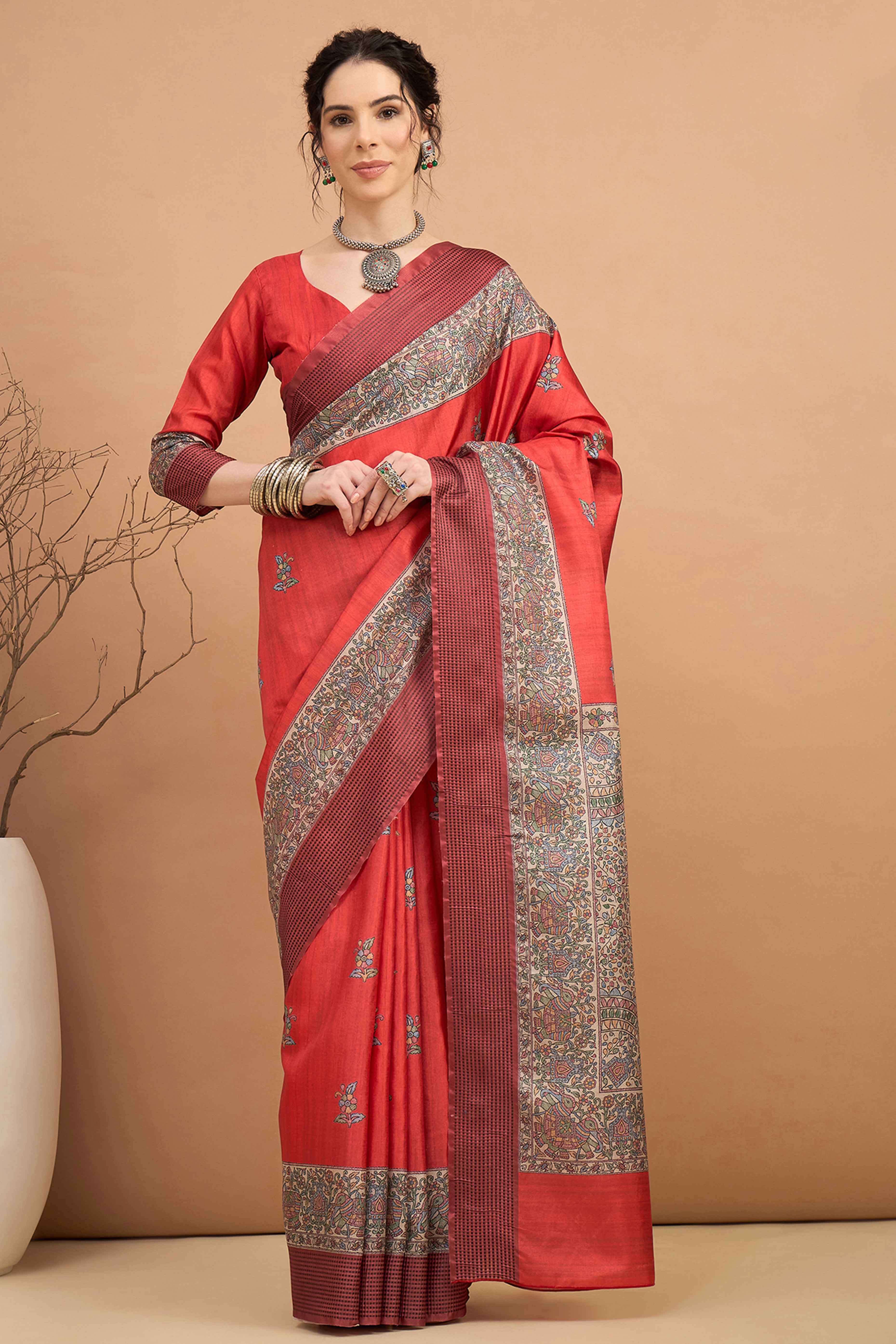 Red Silk Blend Saree with Delicate Floral Motifs