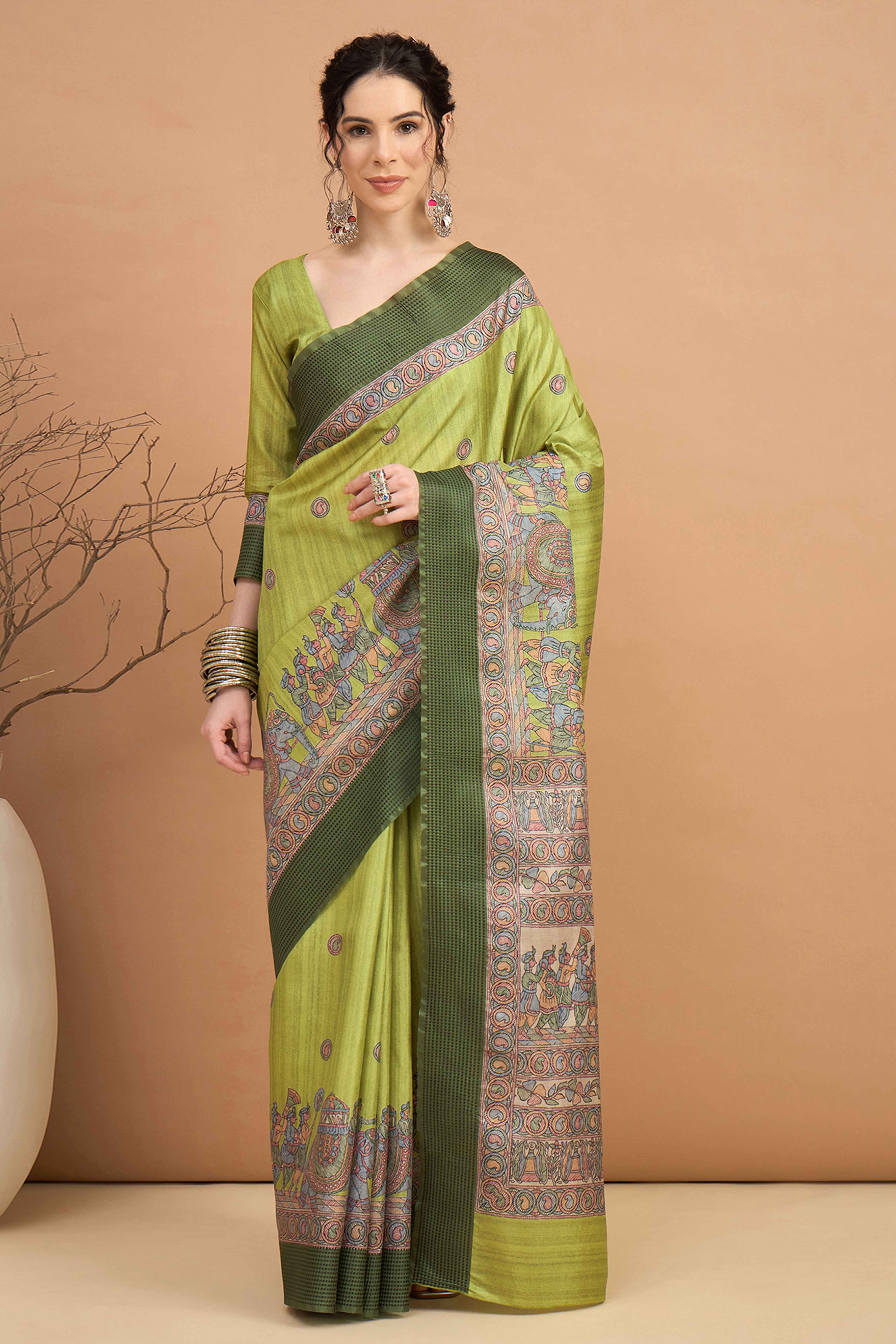 Green Silk Blend Saree with Delicate Floral Motifs
