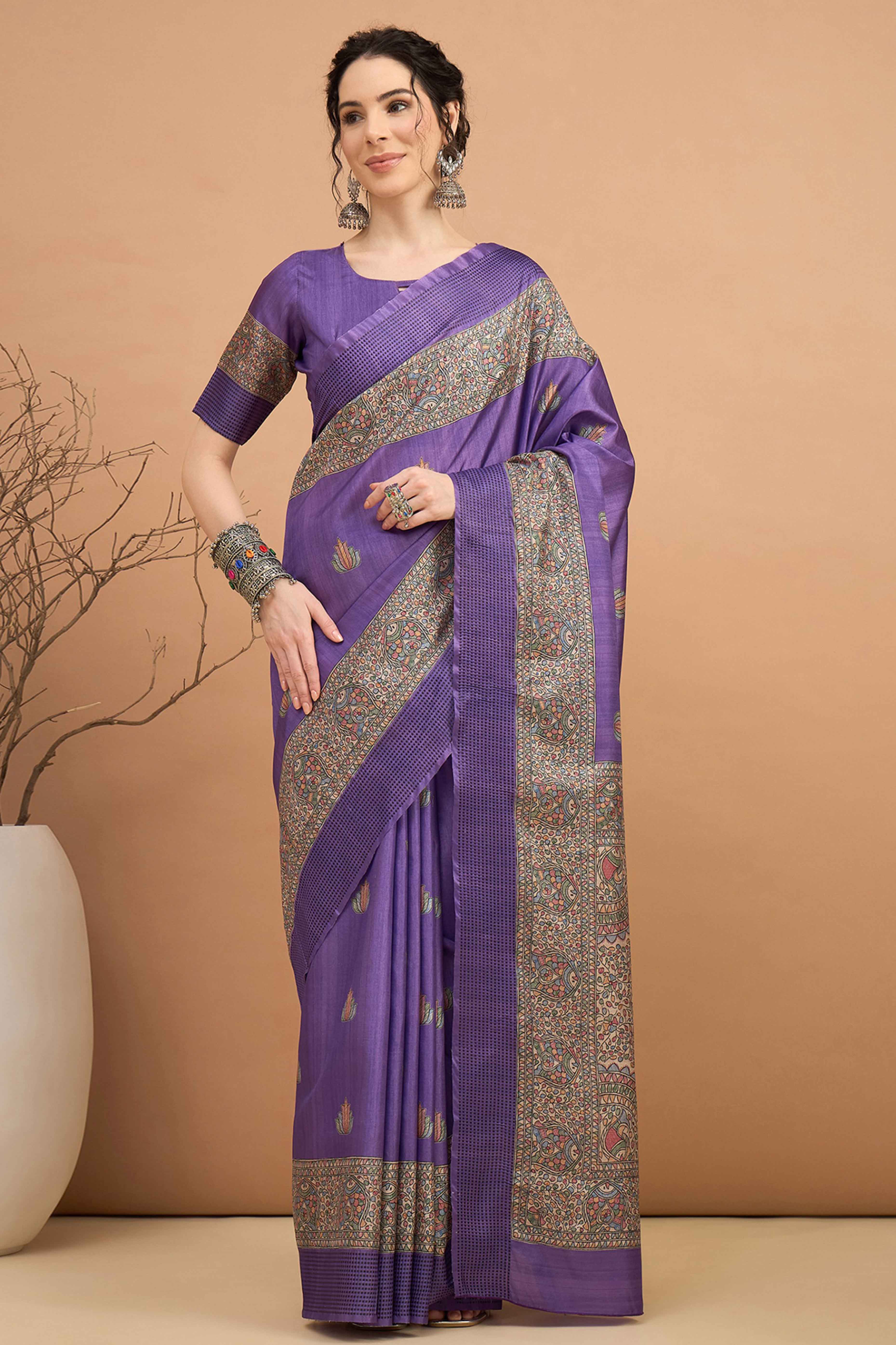 Purple Silk Blend Saree with Delicate Floral Motifs