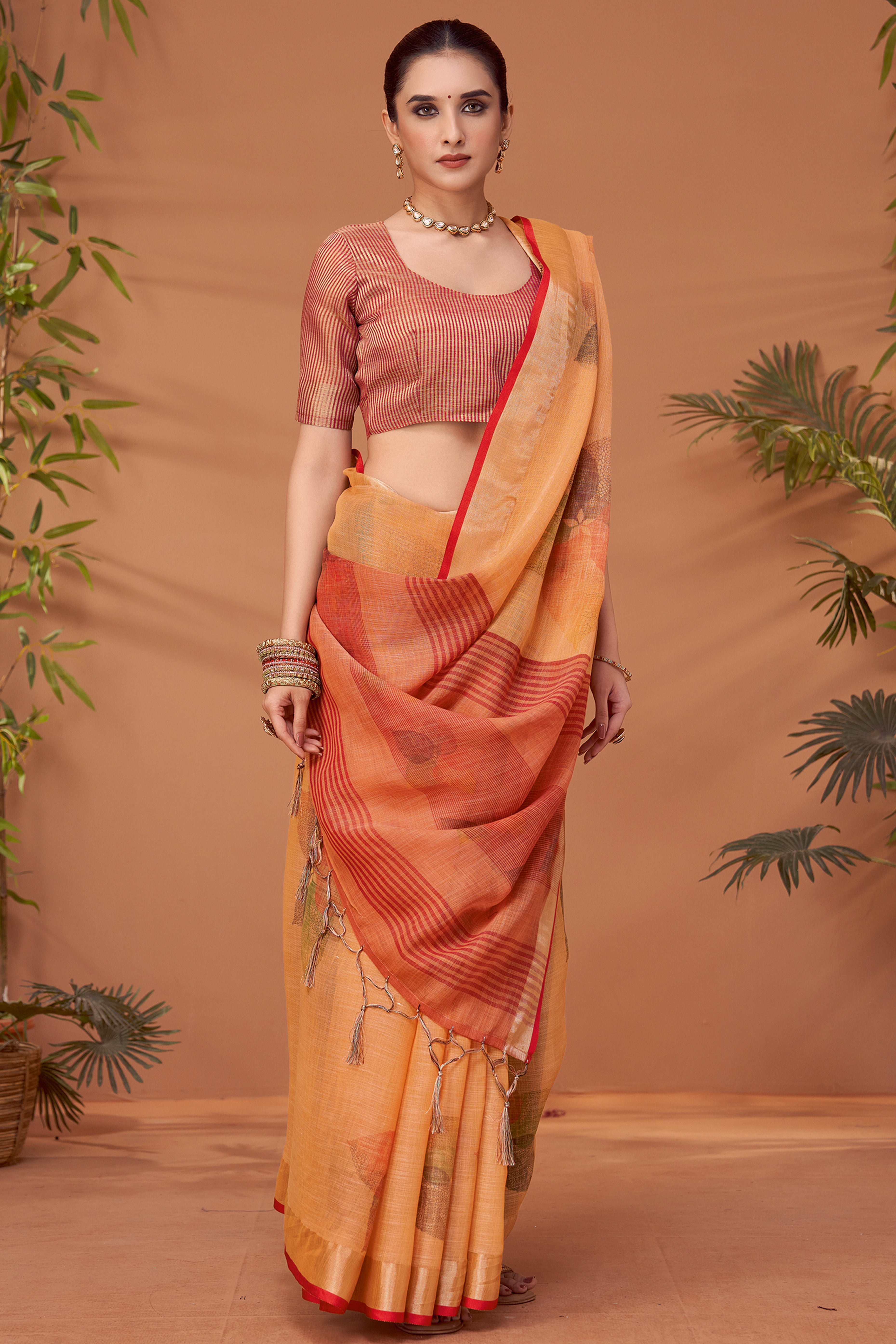 Orange Woven Floral Printed Linen Blend Saree with Soft Elegant Texture